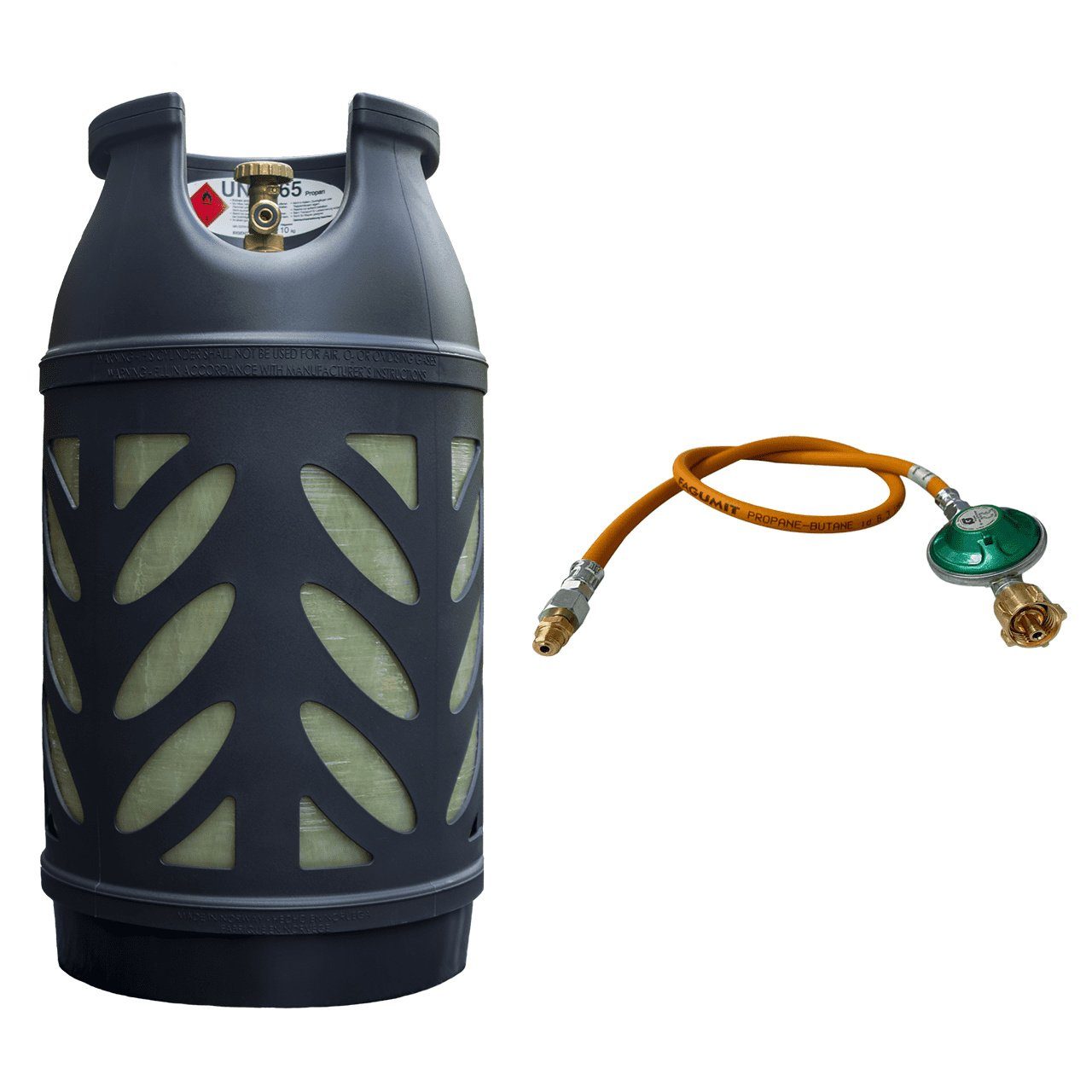 BlueCraft Gas Propan Gasflasche Kunststoff 10 kg neu ungefüllt, inkl. Umrüstset aus Gasschlauch und Gasregler für Gasgrill