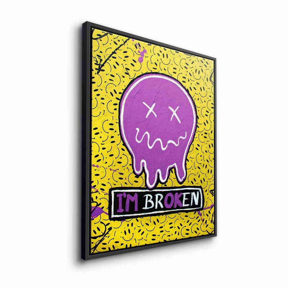 DOTCOMCANVAS® Leinwandbild, Leinwandbild I´m broken lila smilie Rahmen gelb weißer Rahmen mit premium emoji