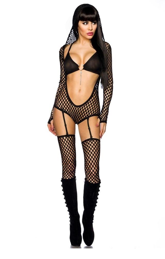 Saresia Bodystocking St) 20 4-tlg Set Straps Body BH 1 in mit (Set Netz DEN schwarz