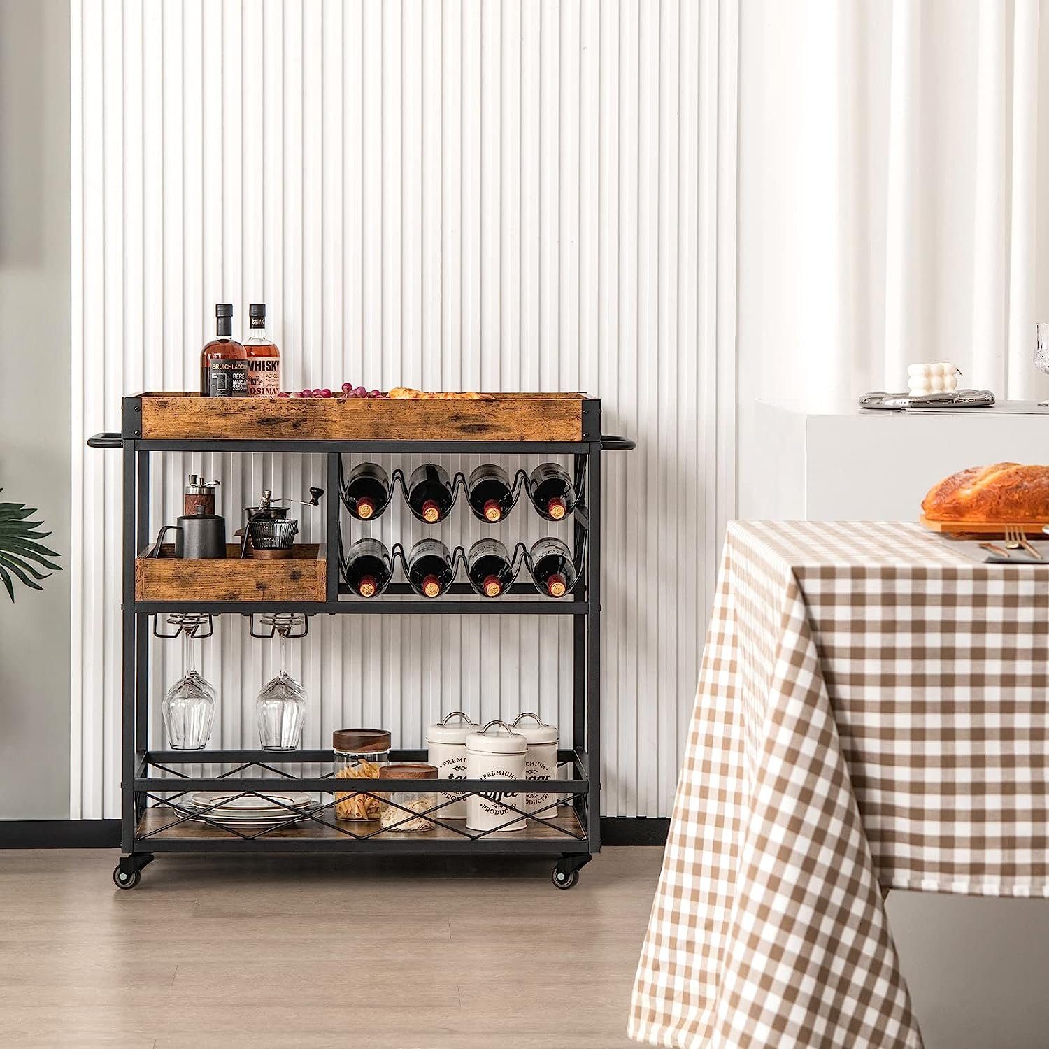 KOMFOTTEU Servierwagen Barwagen, mit 8-Flaschen Weinregal und 12 Glashalter günstig online kaufen