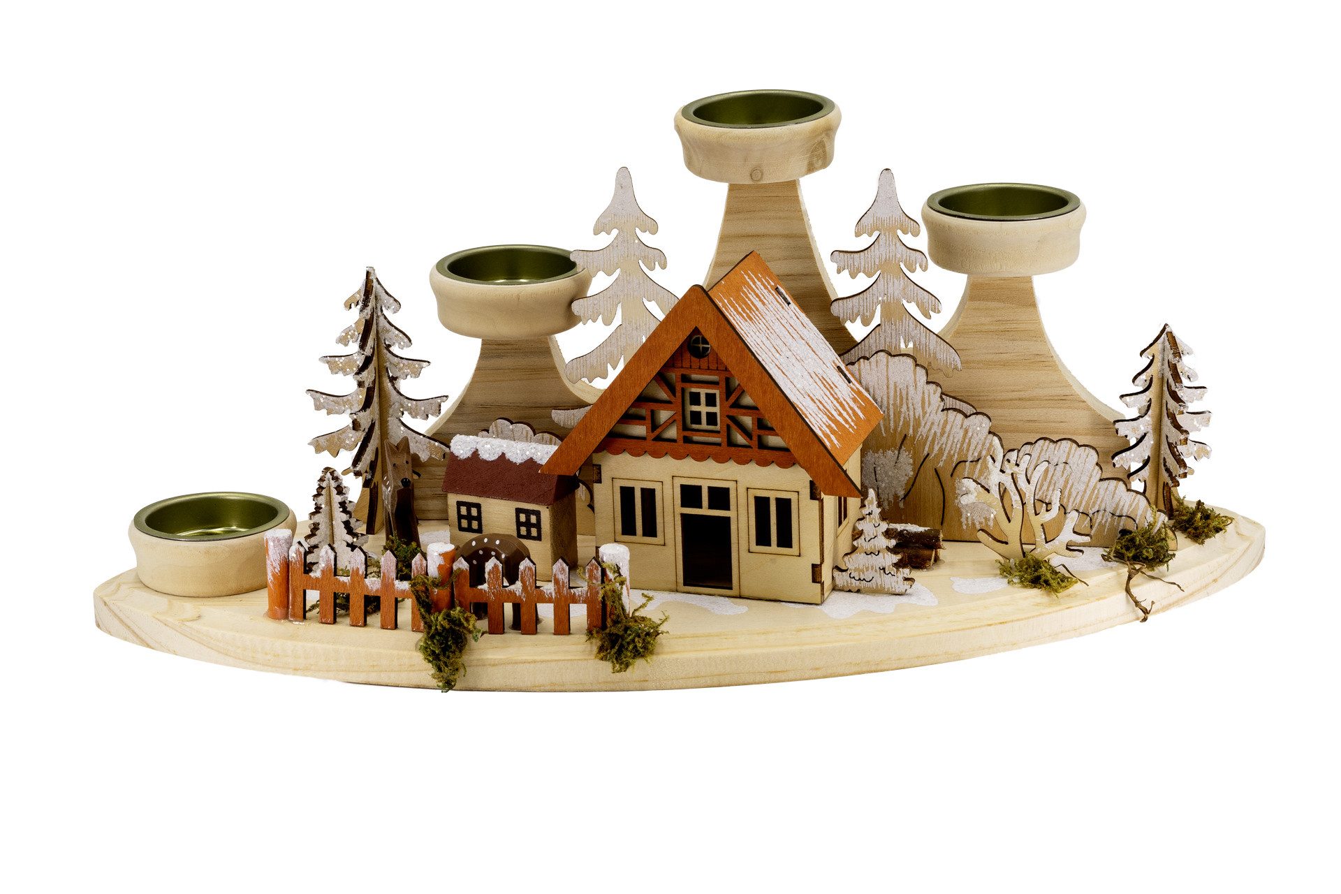 Kaladia Teelichthalter Schwibbogen aus Holz - Teelichter Haus - 37 x 17 x 15 cm, für 4 Teelichter - für stimmungsvolle, winterliche Dekoration