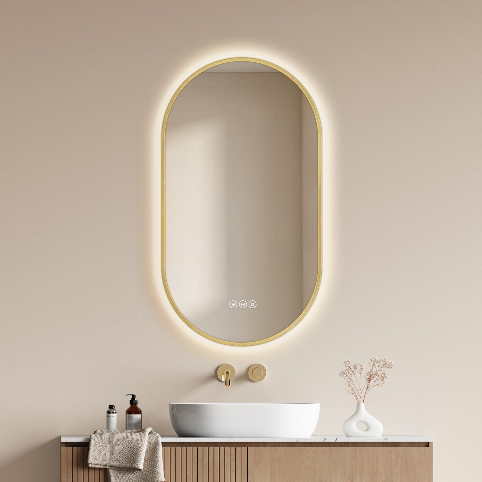 EMKE Badspiegel Oval mit LED-Beleuchtung, dimmbar, 3 Lichtfarben und Antibeschlag, 5mm kupferfrei Touch Memory IP65