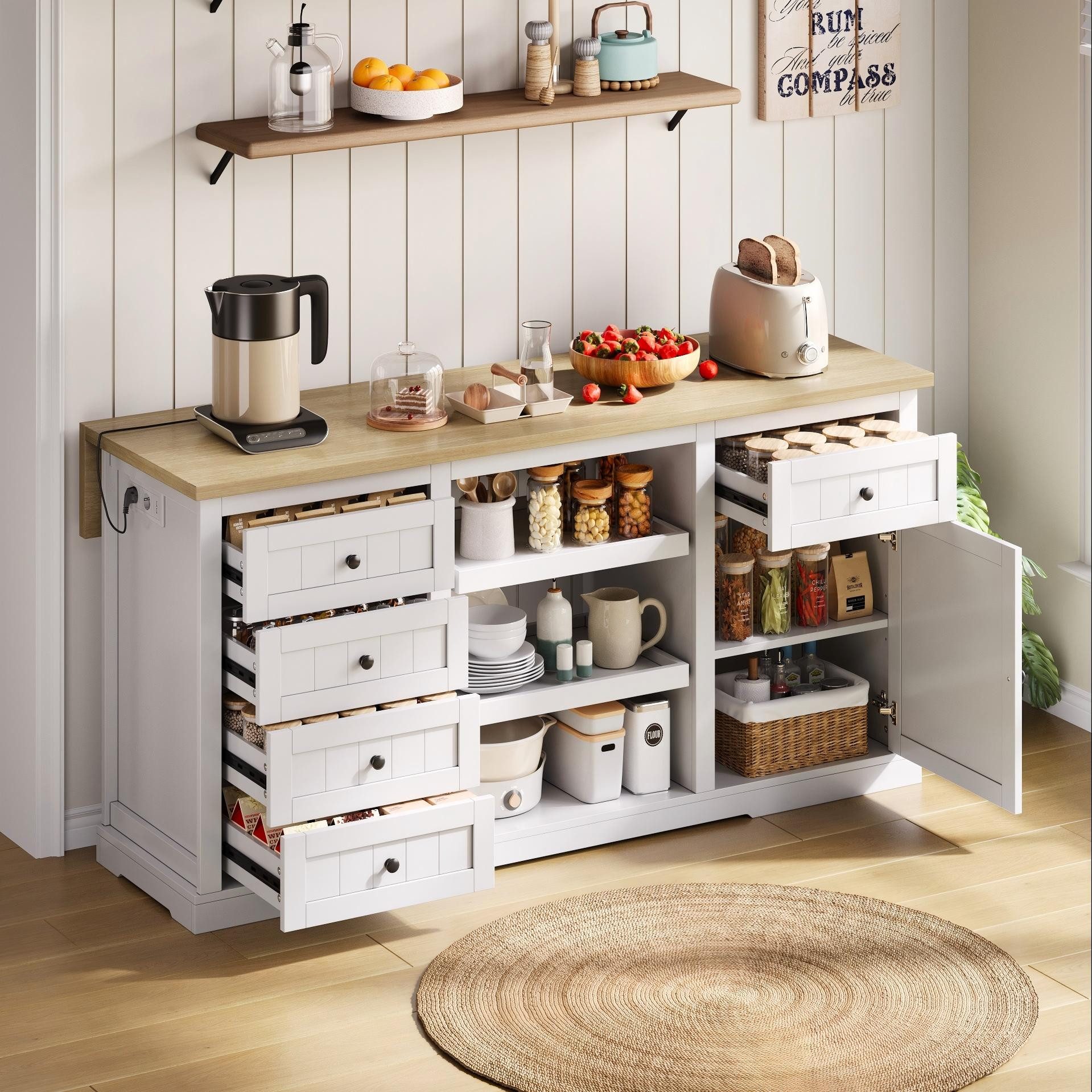Flieks Küchenbuffet Kücheninsel mit Steckdosen und erweiterbaren Arbeitsplatte Weiß (B150/T45-65/H75,5 cm, 1-St., Schrank mit verstellbaren Einlegeböden) Küchenschrank Kommode mit 5 Schubladen, 2 Ausziehböden und 1 Türen