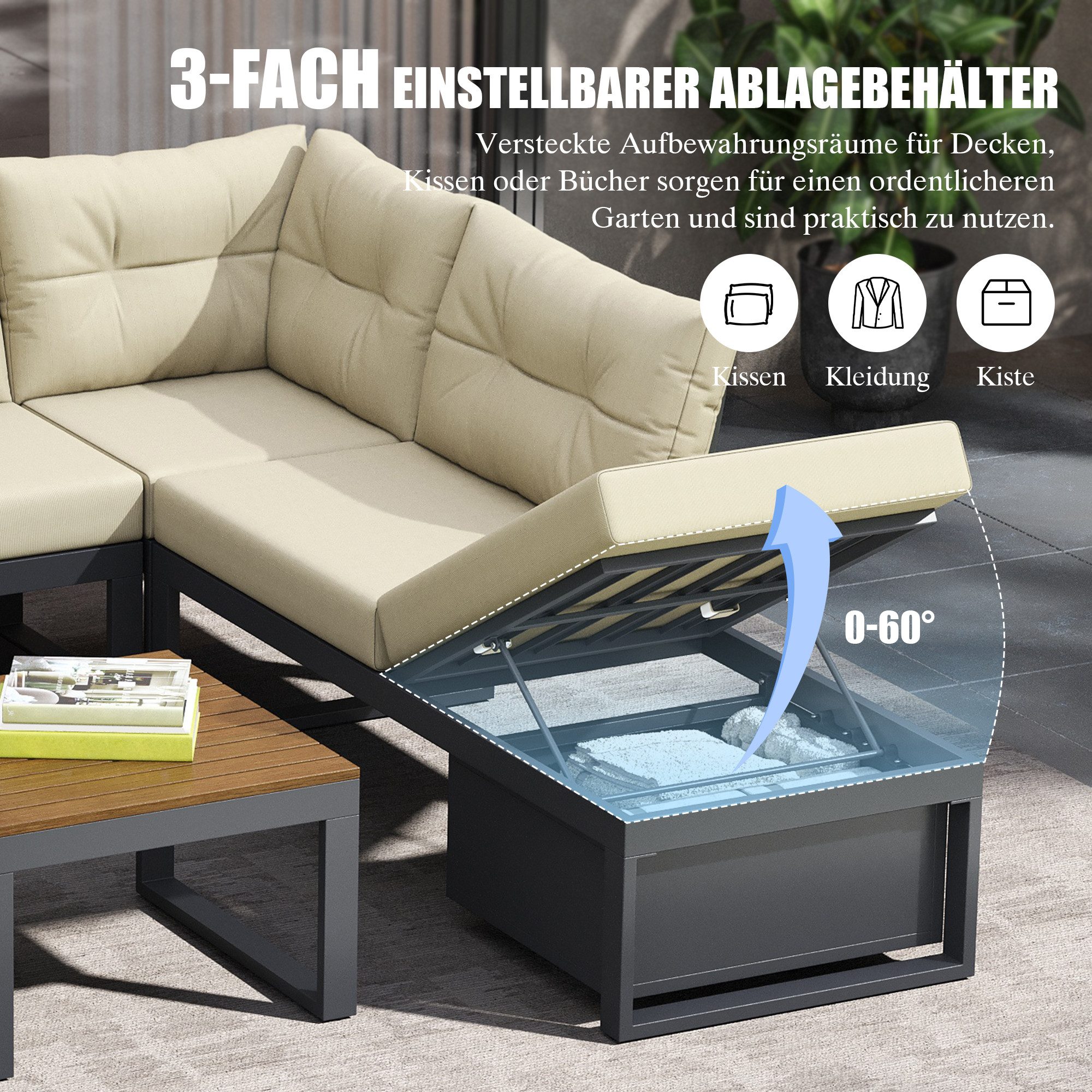 OKWISH Gartenlounge-Set Balkonset Sitzgruppe, (mit 3-stufig verstellbarer Rückenlehne und Liegefunktion, dicken Komfortpolstern, Stauraum und wetterfestem Polyesterbezug)
