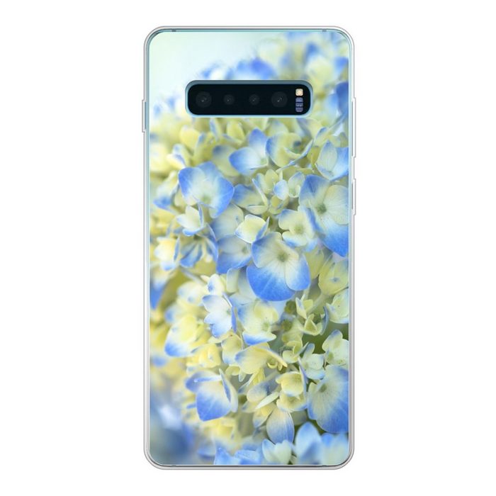 MuchoWow Handyhülle Nahaufnahme einer hellblauen und gelben Hortensie Phone Case Handyhülle Samsung Galaxy S10+ Silikon Schutzhülle