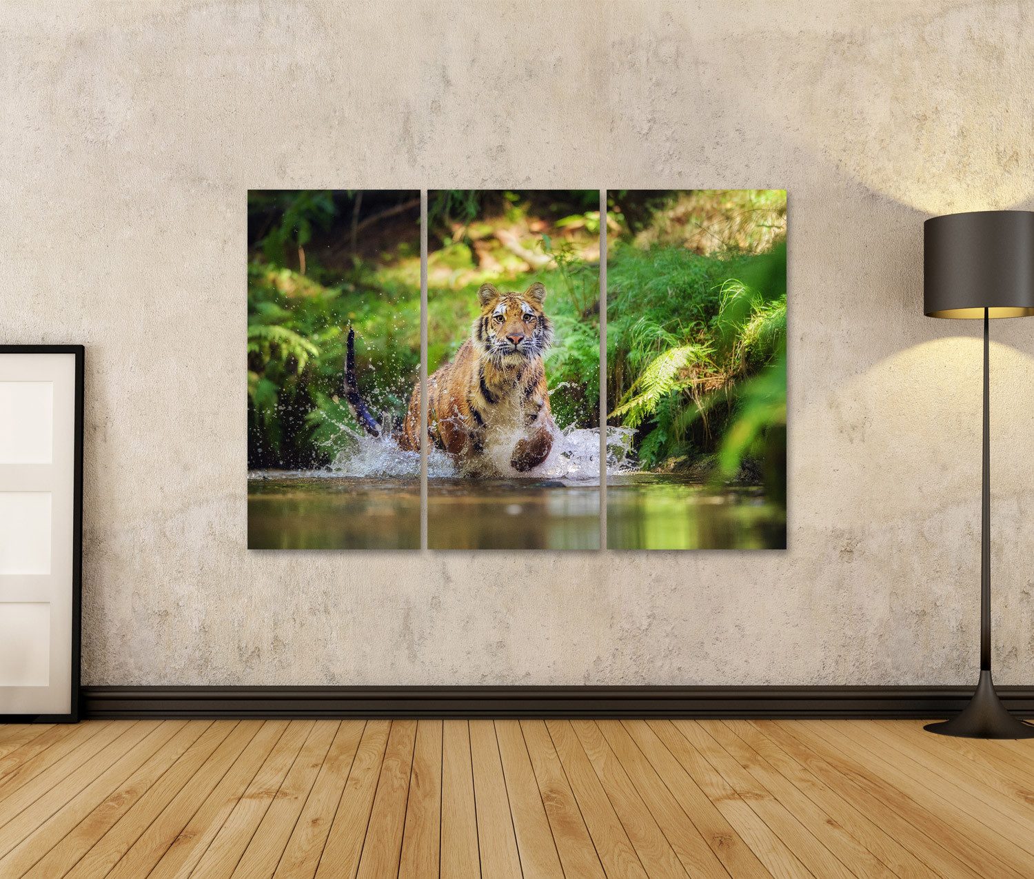 islandburner Leinwandbild SibirischerTiger Läuft Fluss Spritzen Wasser Jagd Tier Beten Bilder