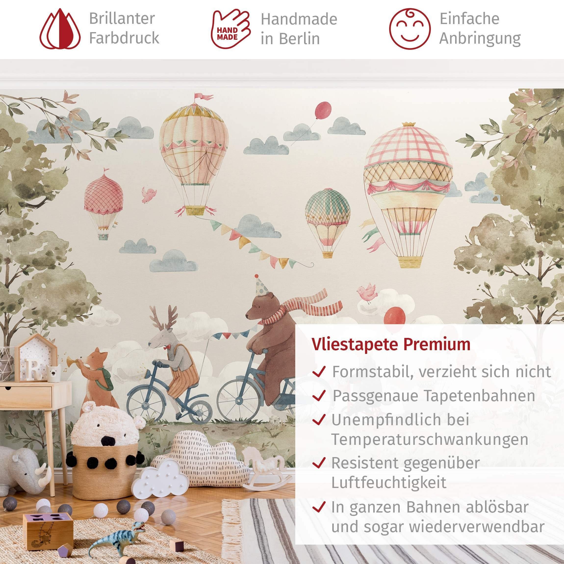 Bilderdepot24 Kindertapete Tierfreunde Rad Aquarell Illustration Kinder Tiere bunt modern, Glatt, Matt, (Vliestapete inkl. Kleister oder selbstklebend), Mädchen – Bild 3 von 5