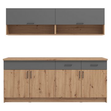 Homestyle4u Küchenzeile 200 cm ohne Geräte klein Grau matt Eiche Holz schwarze Griffe Glas