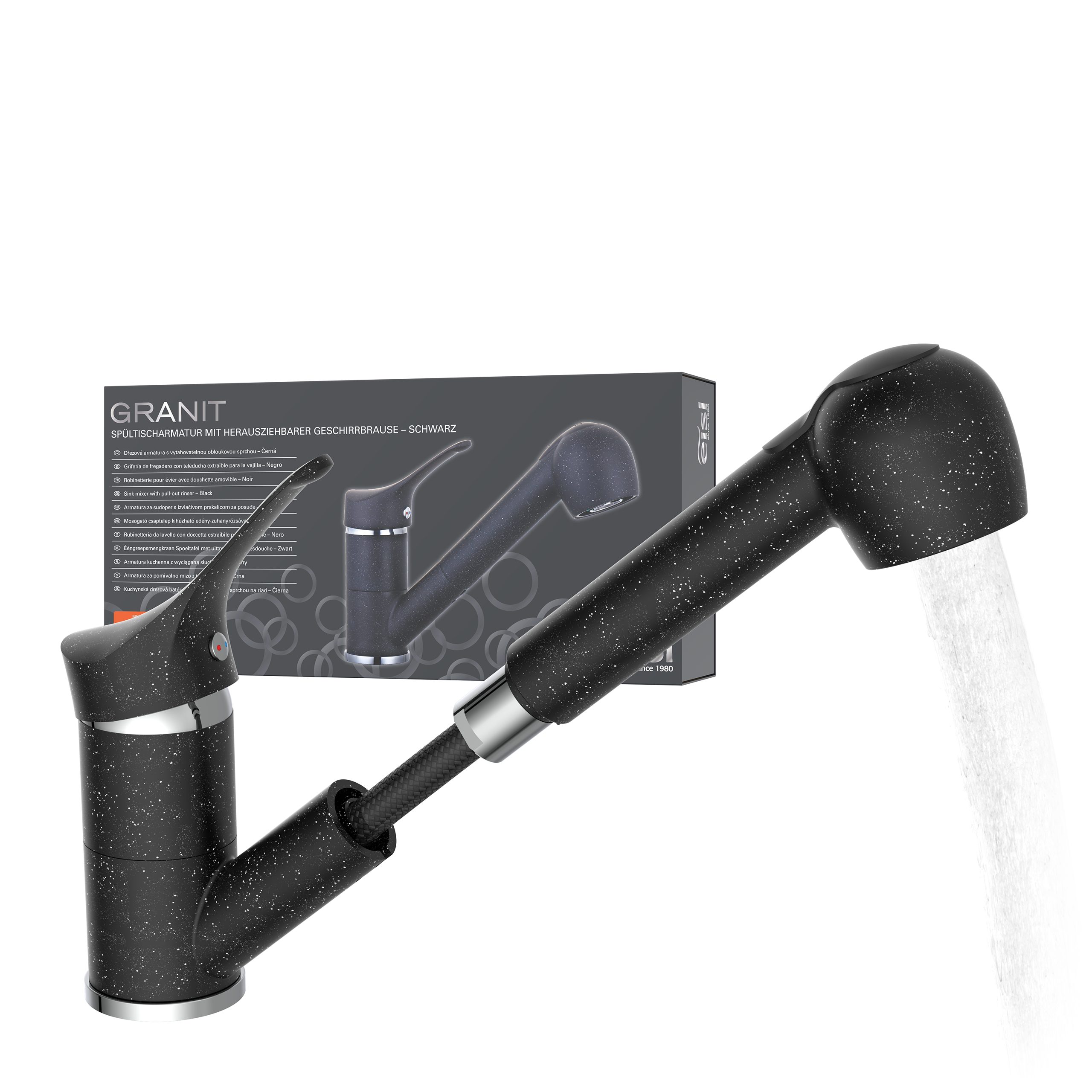 Eisl Spültischarmatur GRANIT herausziehb. 2-fach verstellb. Geschirrbrause, schwenkb. Auslauf 360°