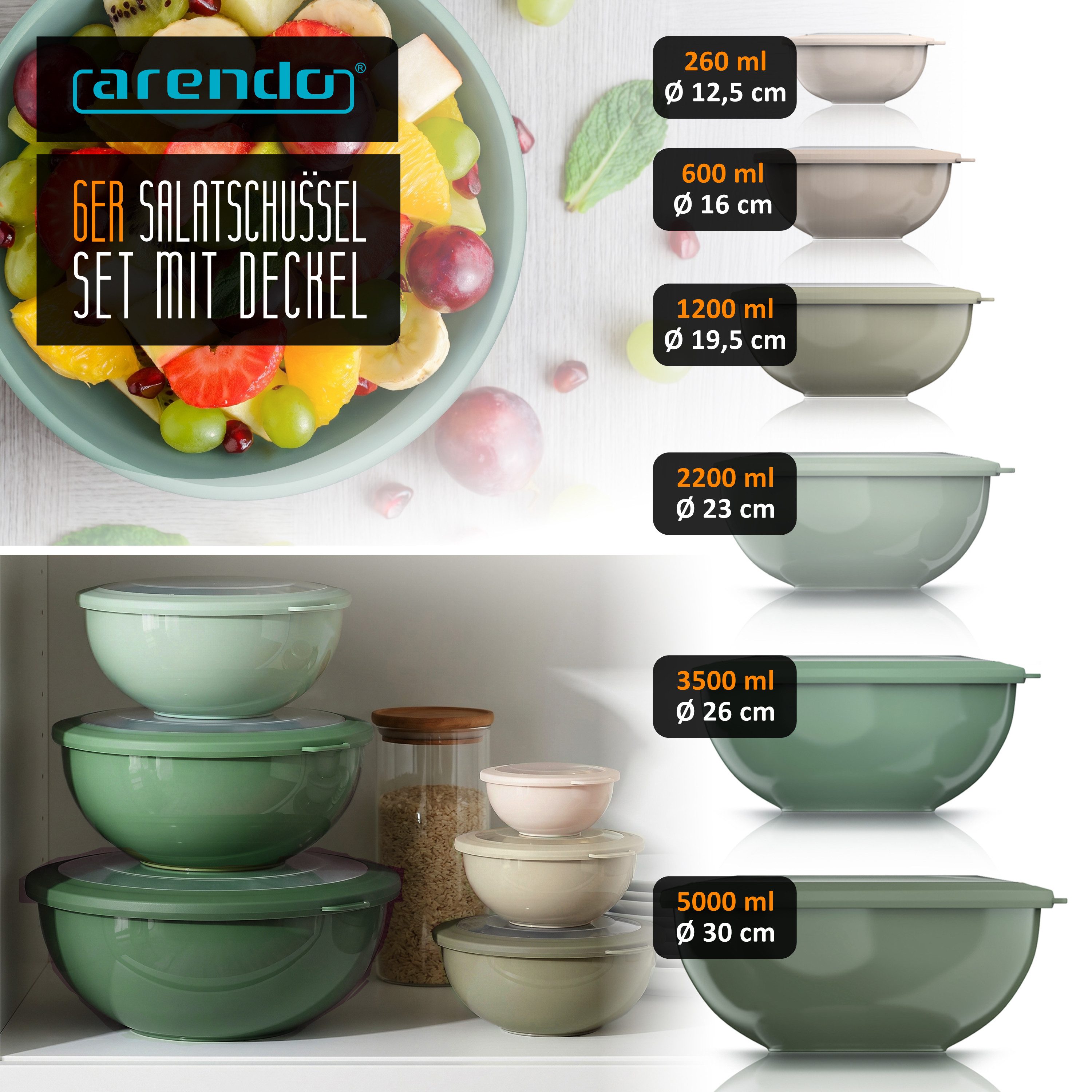 Arendo Salatschüssel 6er Schüssel Set mit Deckel, 0,26 bis 5 Liter, Rührschüssel, Kunststoff, (Set, 6-tlg), auslaufsicher, stapelbar, Spülmaschinen & Mikrowellen geeignet
