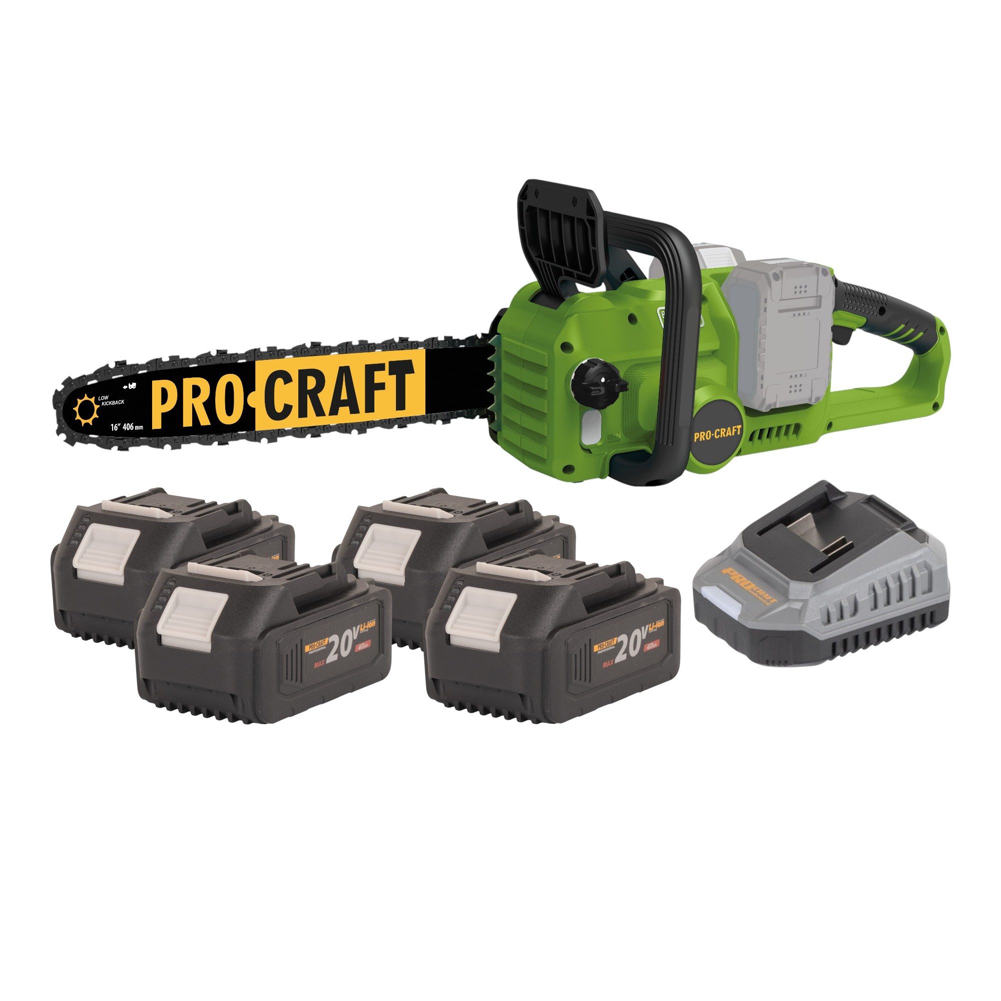 PRO CRAFT Akku-Kettensäge PCA42/2 40 V (2x 20 V) 406 mm + 4x Akku 4,0 Ah + Ladegerät