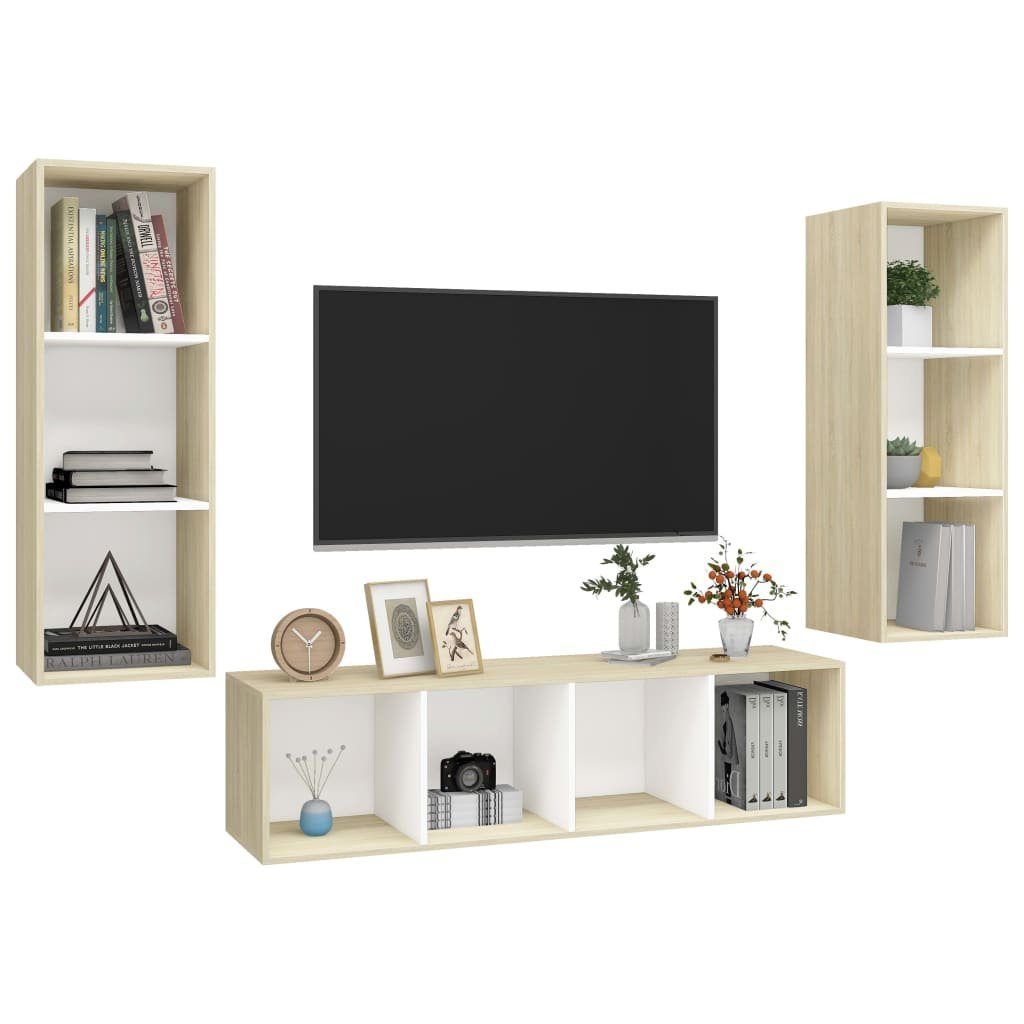 vidaXL TV-Schrank 3-tlg. (1-St) Sonoma-Eiche TV-Schrank-Set Weiß Holzwerkstoff Weiß Sonoma-Eiche und