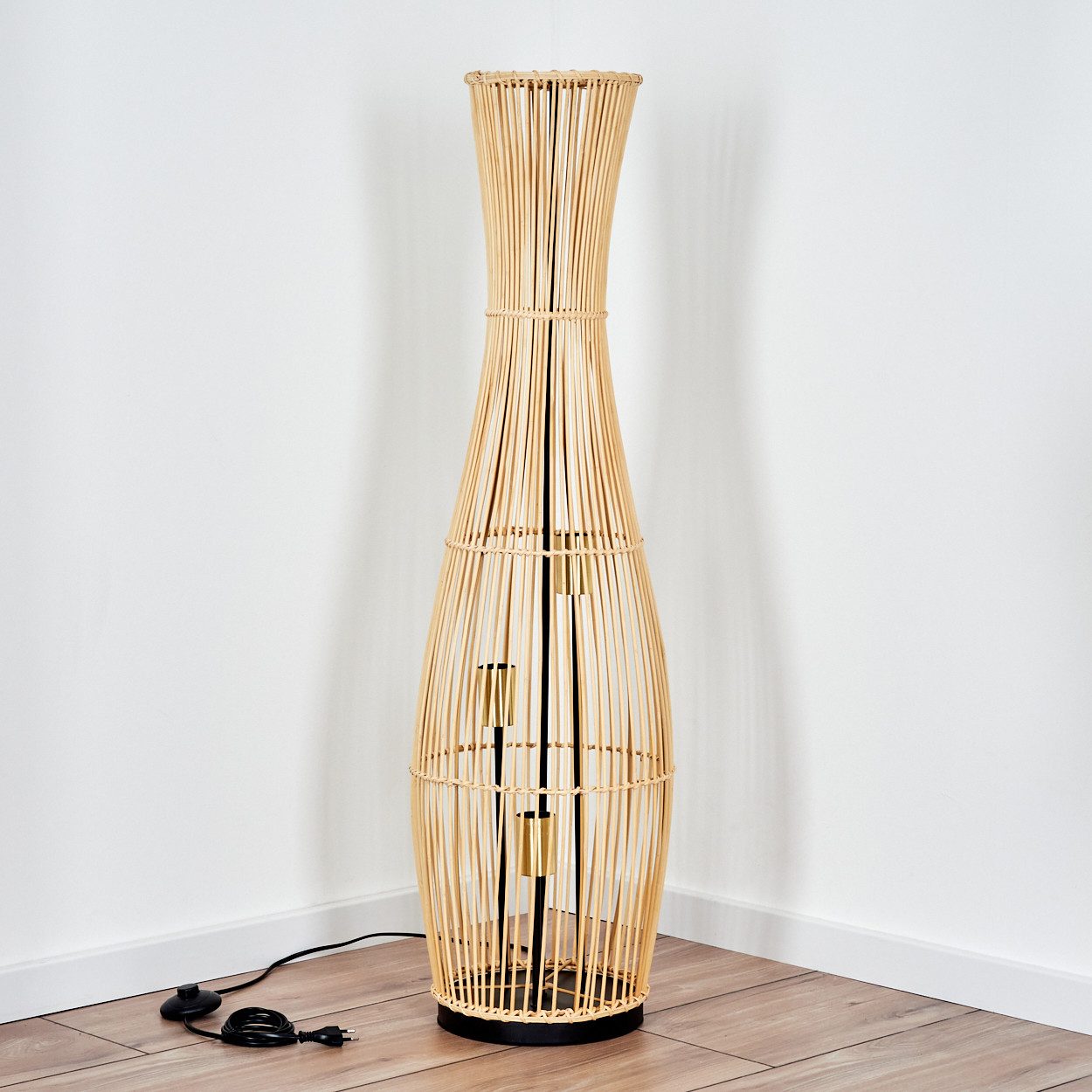 hofstein Stehlampe moderne Stehleuchte aus Metall/Bambus in Schwarz/Naturfarben, ohne Leuchtmittel, mit Fußschalter am Kabel, Ø 29,5 cm, 3 x E27, ohne Leuchtmittel