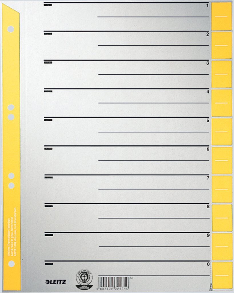LEITZ Aktenordner LEITZ 1652 Trennblätter A4 Überbreite gelb farbiger Lochrand 100 Stück