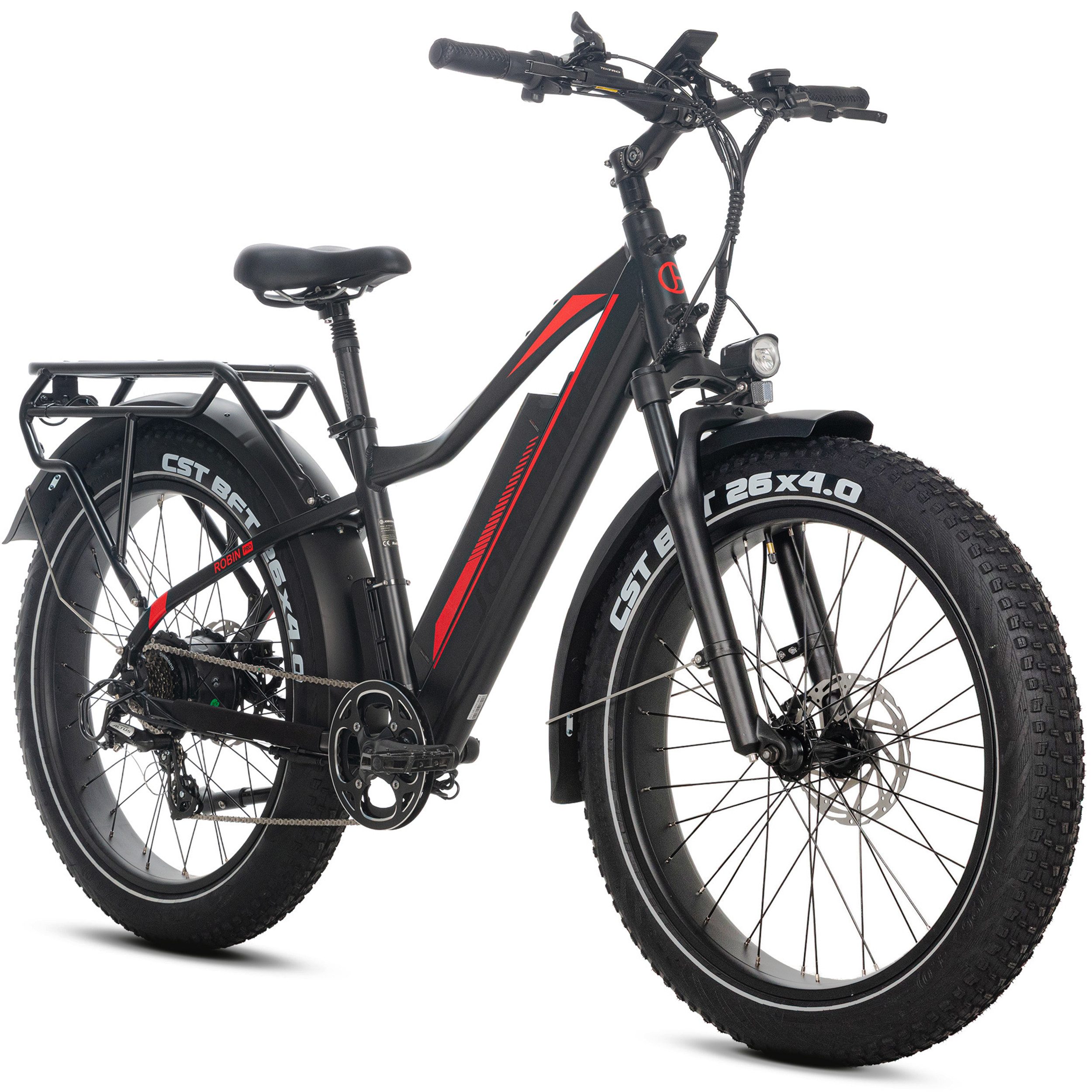 JOBOBIKE E-Bike Mountainbike 26×4 Zoll, bis zu 180km, Fatbike, MTB, Bremslicht- und Blinkerfunktion, 7 Gang Shimano, Kettenschaltung, Heckmotor, 960 Wh, (LCD-Farbdisplay, CST Reifen mit Pannenschutz, hydr. Scheibenbremsen), Robin Pro, 960Wh, Federsattelstütze, Elektrofahrrad für Damen Herren