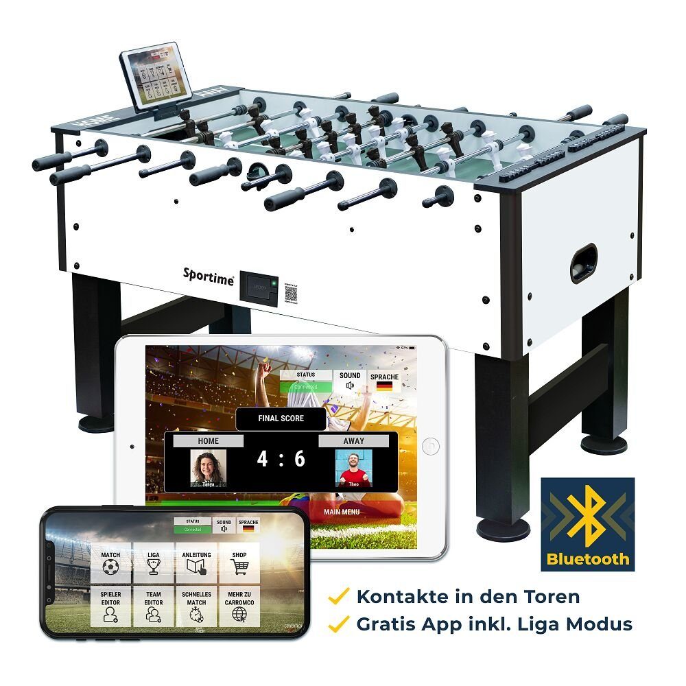 Sportime Kickertisch Tischkicker Connect & Play, Kostenlose App für Apple und Android Schwarz-Weiß, Hamilton White