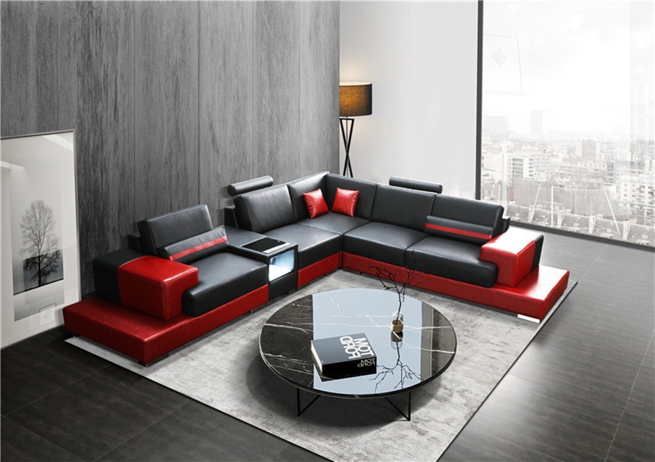 JVmoebel Ecksofa, Couch Ecksofa Leder Wohnlandschaft Garnitur Design Modern L-Form Schwarz/Rot