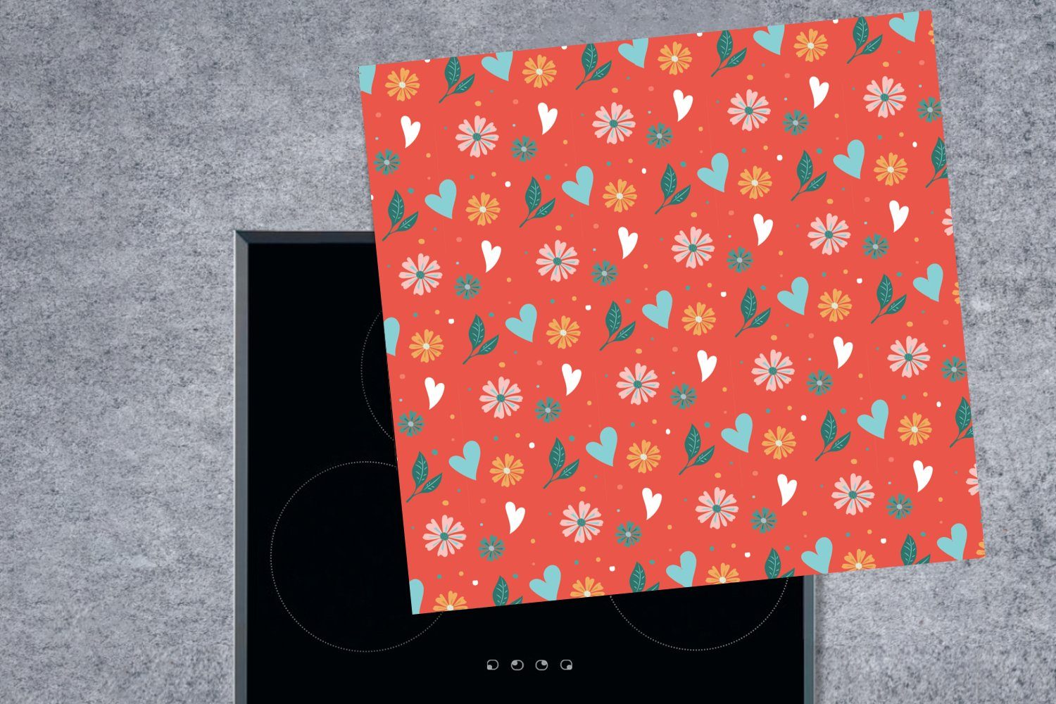 Design, tlg), Vinyl, Ceranfeldabdeckung, (1 78x78 cm, - - MuchoWow für Herdblende-/Abdeckplatte Arbeitsplatte Blumen Herz küche