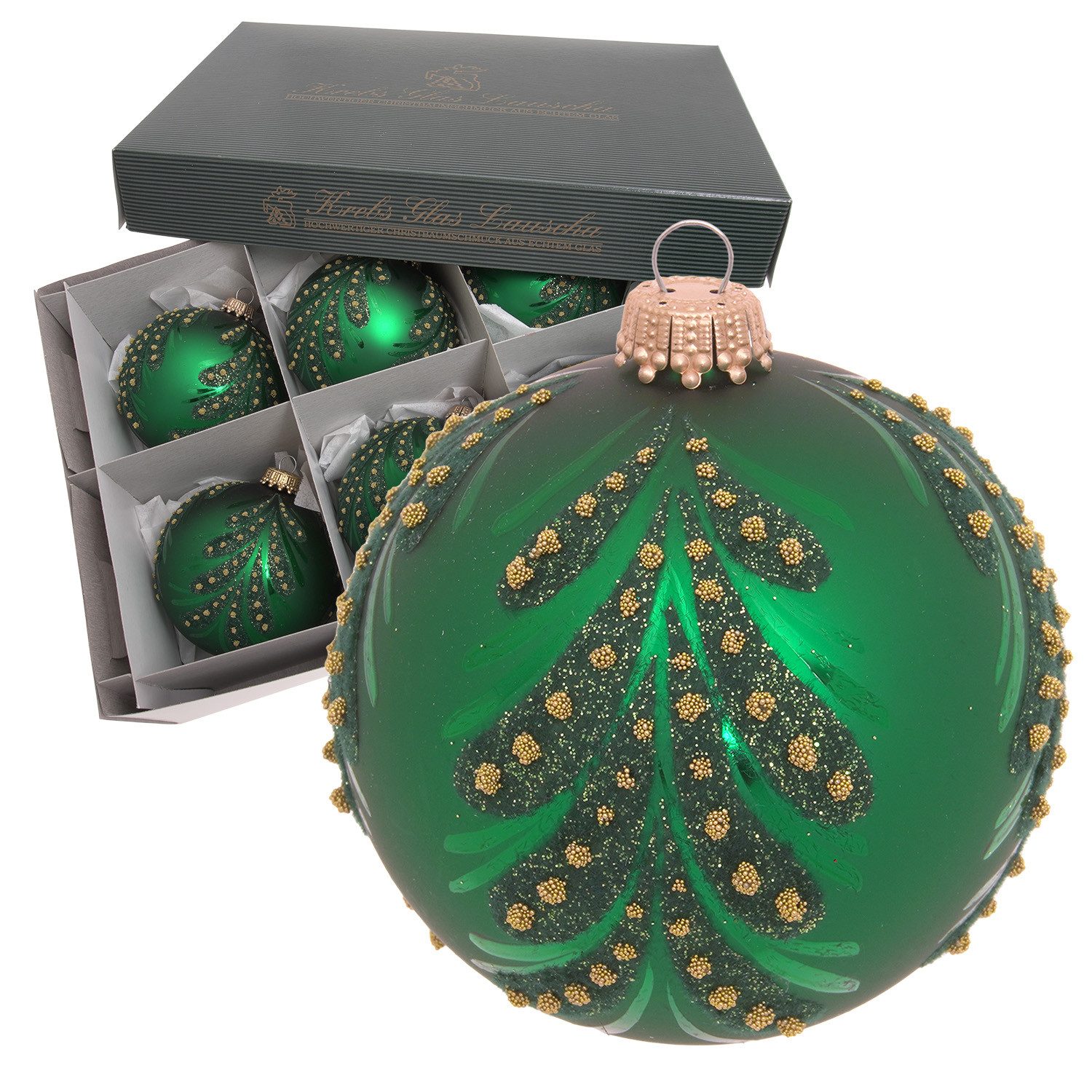 Krebs Glas Lauscha Weihnachtsbaumkugel 6er Set - Glasanhänger - Smaragdgrün mit glitzernden Blättern - 8cm, Аксессуары для дома mit festlichem Glanz für ein stilvolles Weihnachtsfest