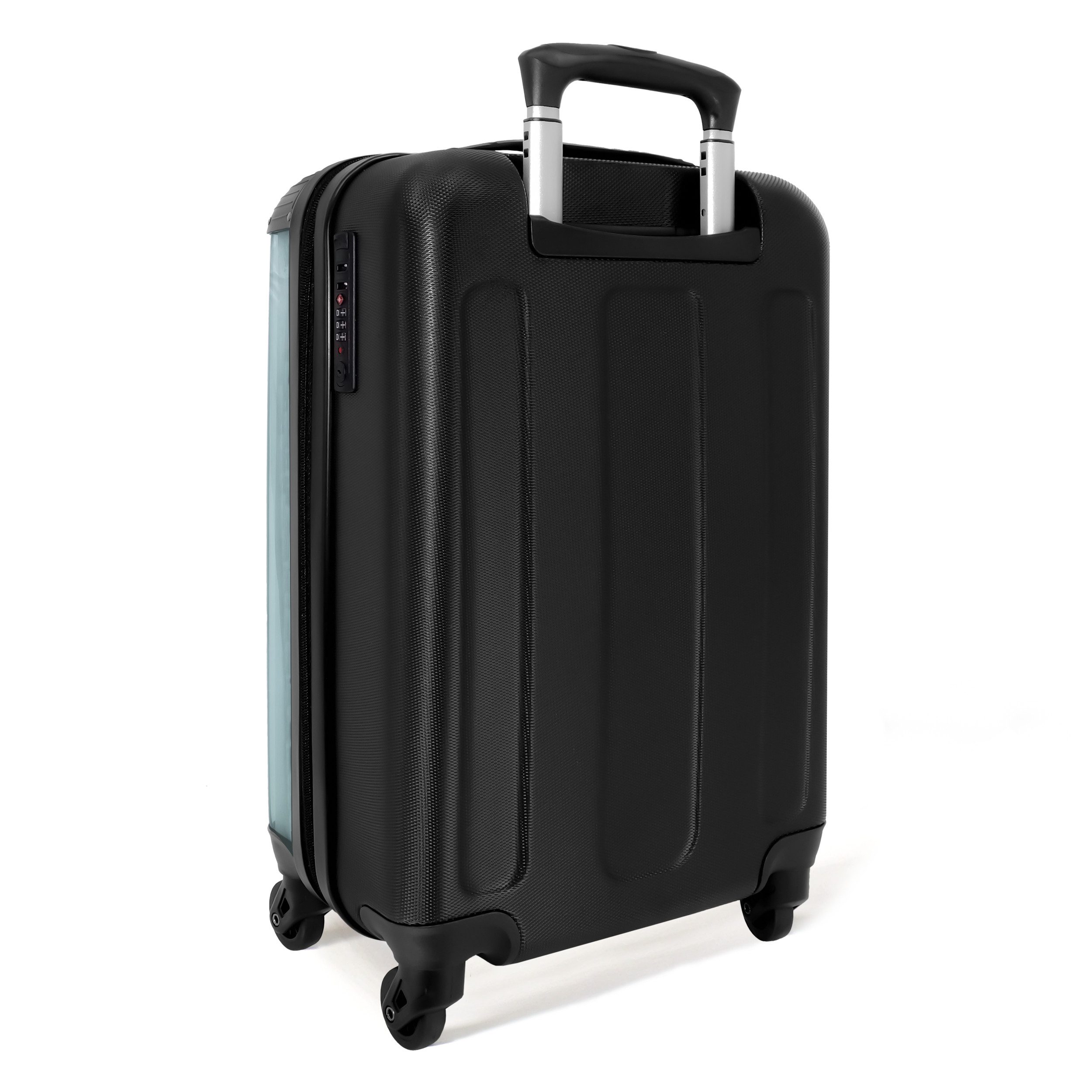 NoBoringSuitcases.com© Kinderkoffer Brauner Hund durch zerrissenes blaues Plastik 55x35x20cm, 4 Rollen, Kinder Koffer Klein, Trolley Handgepäck, Reisekoffer