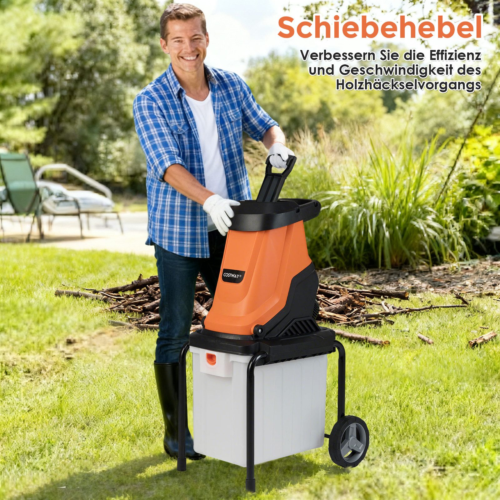 COSTWAY Häcksler, (1-St), 2800W Elektro Gartenhäcksler, mit Rädern, 50L Fangbox