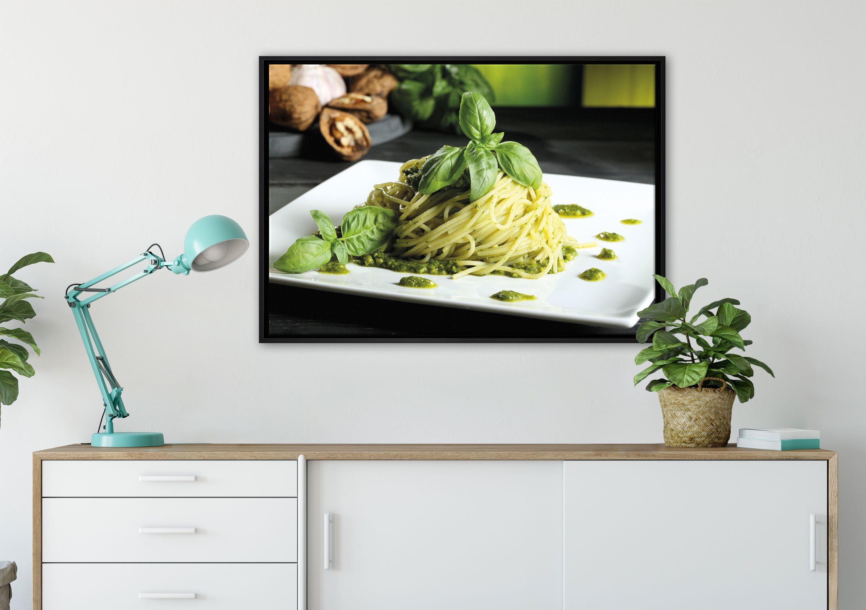 mit (1 St), Leinwandbild in Pesto, Spaghetti grünem bespannt, Zackenaufhänger Pixxprint Leinwandbild einem Wanddekoration gefasst, fertig Schattenfugen-Bilderrahmen inkl.
