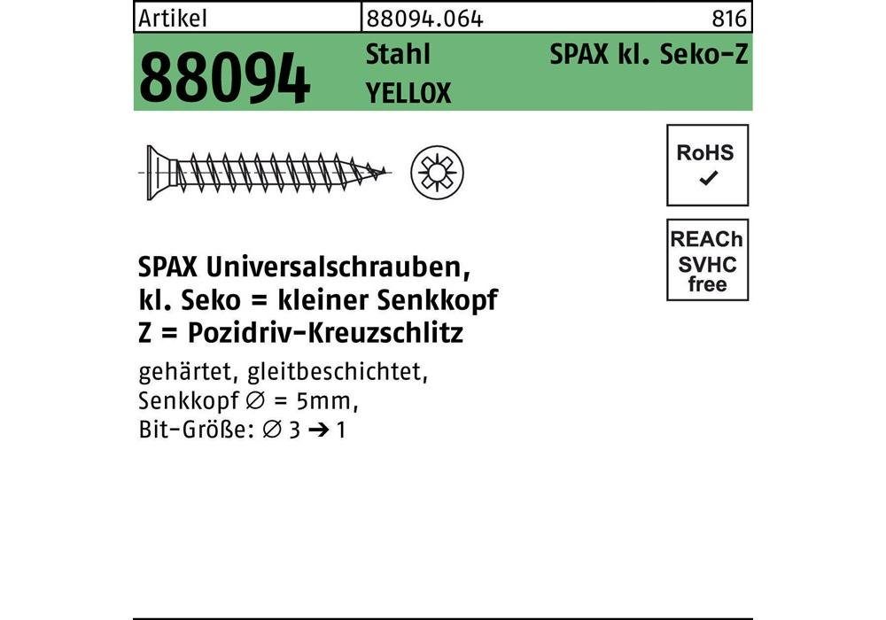 SPAX Senkschraube Schraube R 88094 Senkkopf kl. Spitze/Kreuzschl-PZ 3 x 15/12-Z Stahl galvanisch verzinkt gelb
