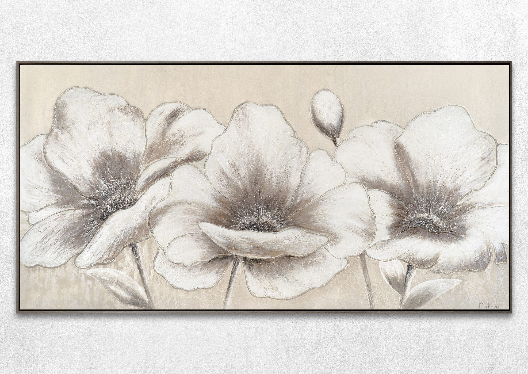 YS-Art Gemälde Blumen II, Blumen, Blumen auf Leinwand Bild Handgemalt Beige Weiß Schwarz
