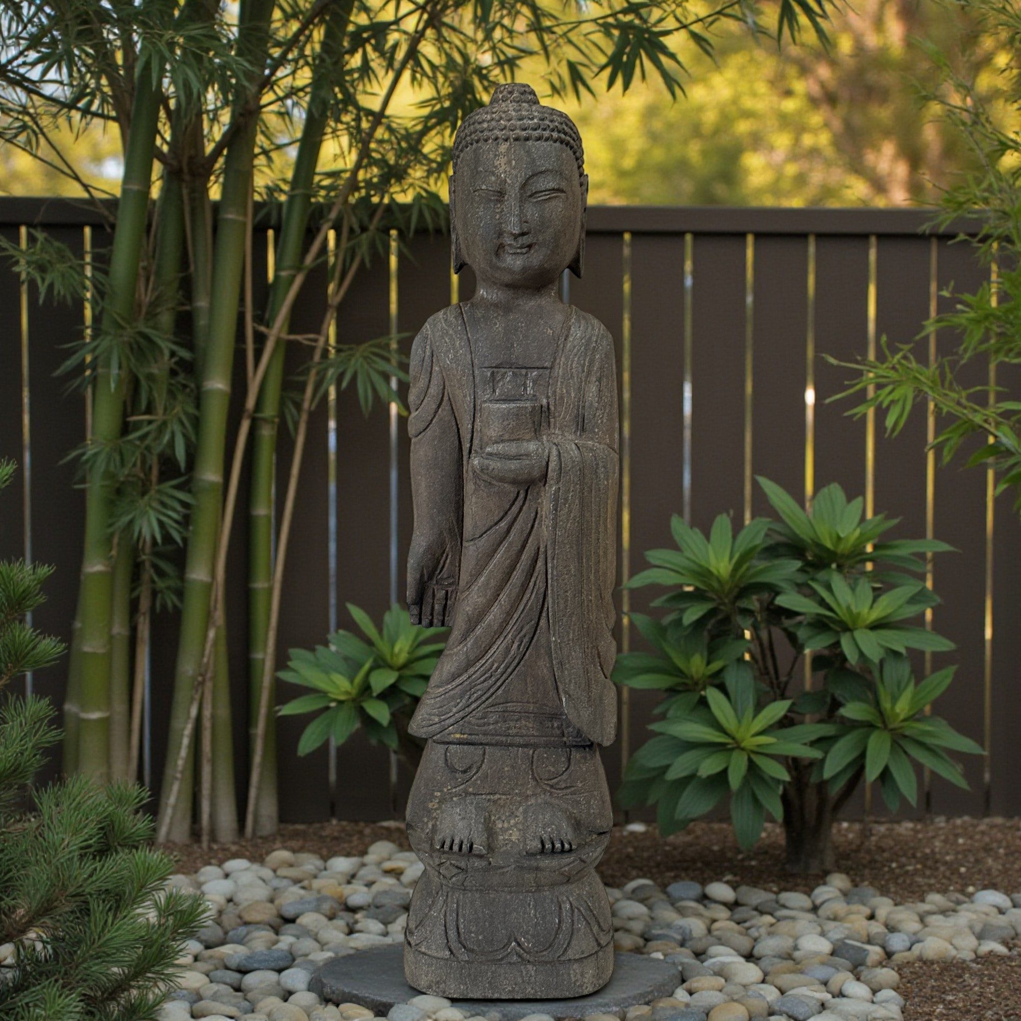 Asien LifeStyle Gartenfigur Naturstein Buddha Statue 70 cm groß mit Heilgefäß