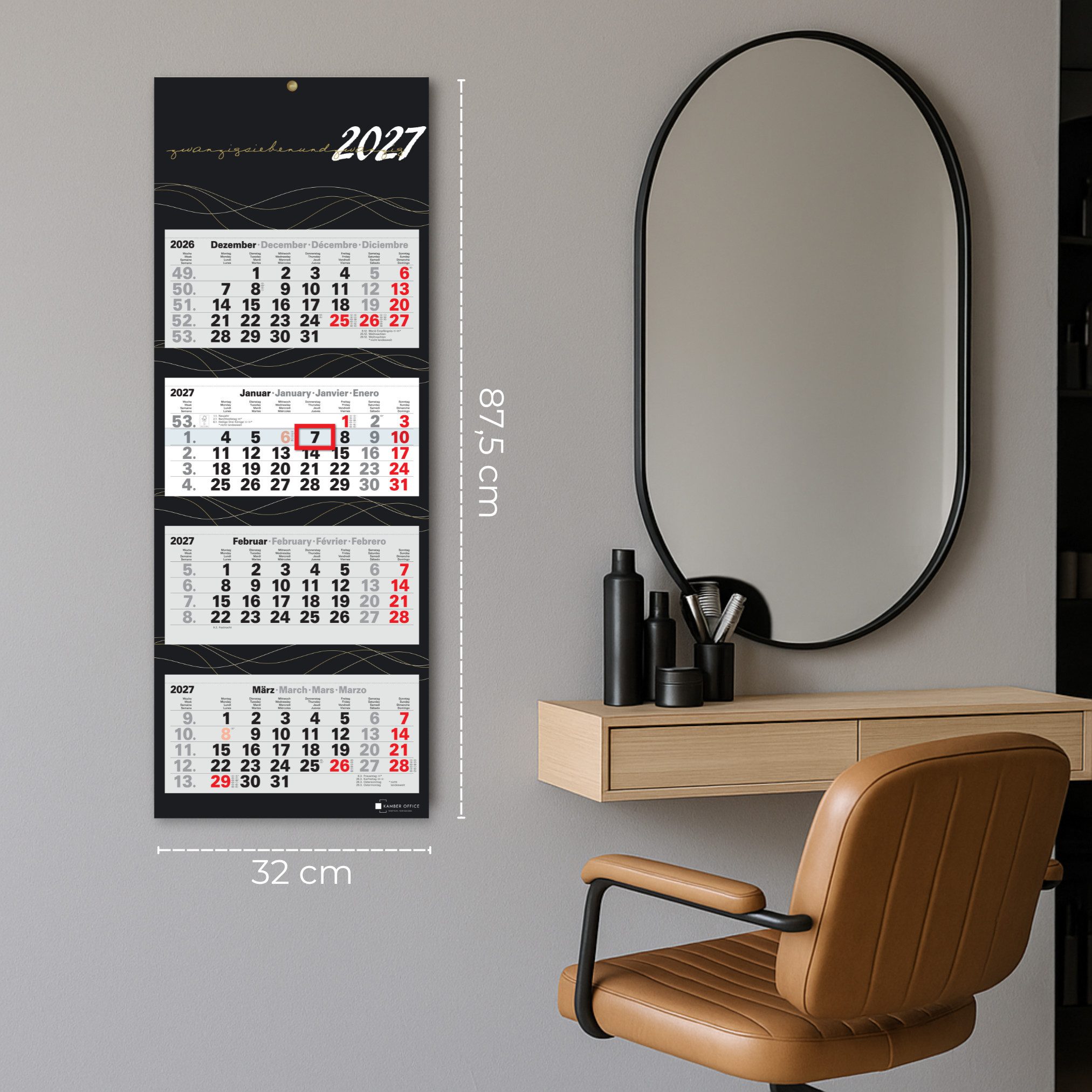 Kamber Office Wandkalender 4-Monatskalender 2027 mit Schieber Büro Kalender, Viermonatskalender 2027 groß mit Datumsschieber Jahreskalender faltbar – Bild 5 von 5