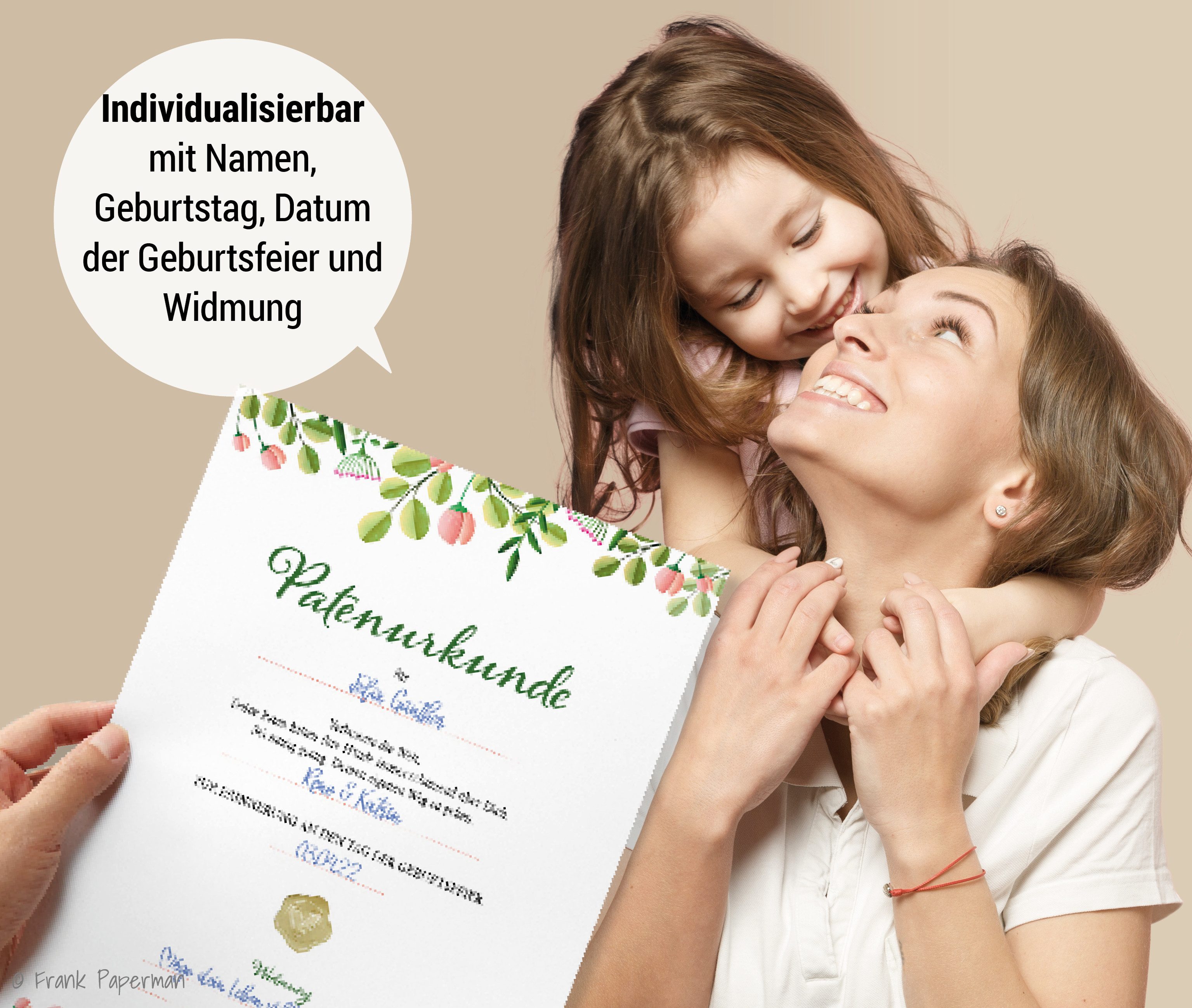 Frank Paperman Taufkarte Patenbrief Taufpaten, Urkunden Set, Goldsiegel, Paten Patenkind, Taufe, Modern Floral, 100 % Recyclingpapier, Geschenk Geburt Erinnerung