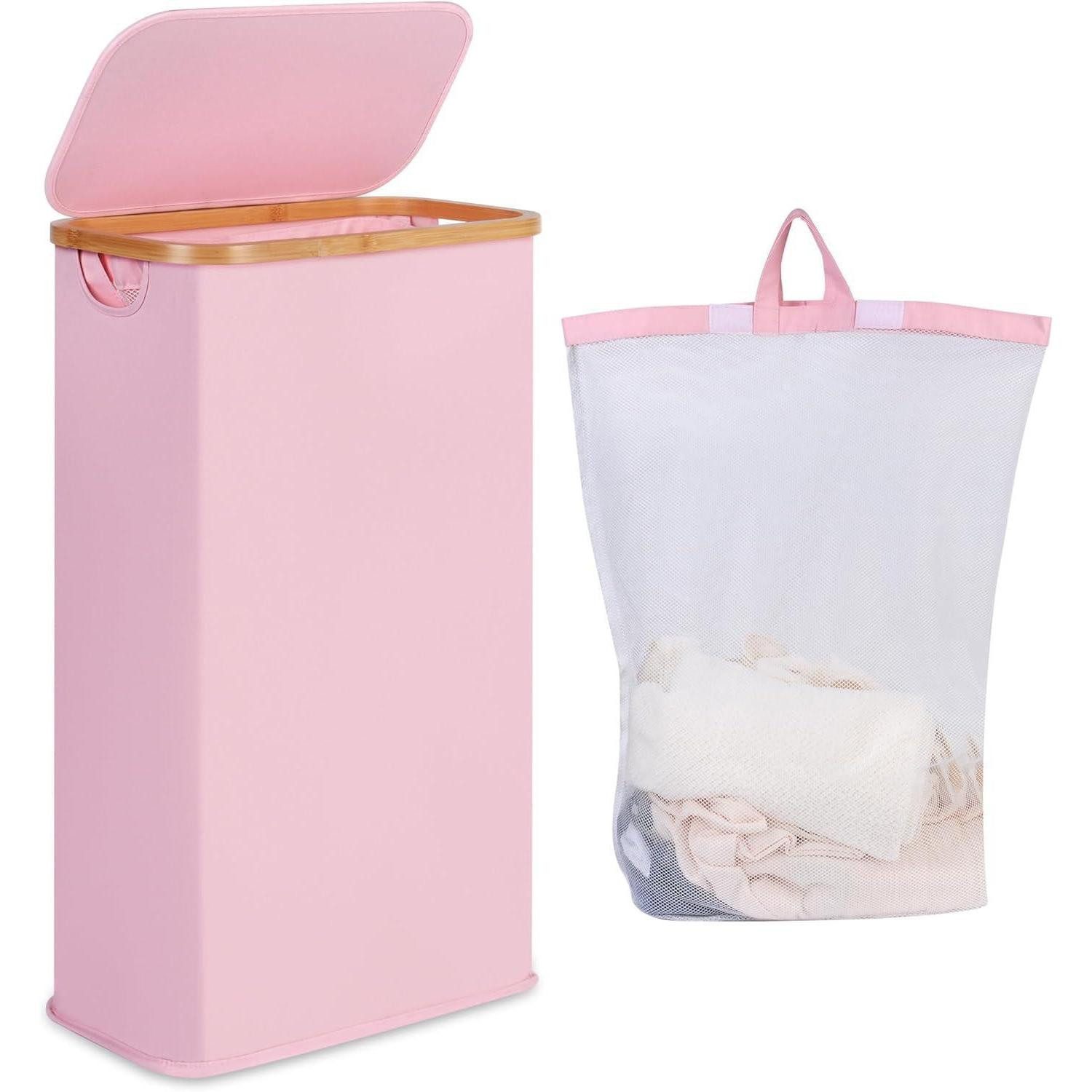 LuxusKollektion Wäschekorb Wäschekorb Deckel Wäschesammler Bambus faltbar 75L mit Deckel Rosa