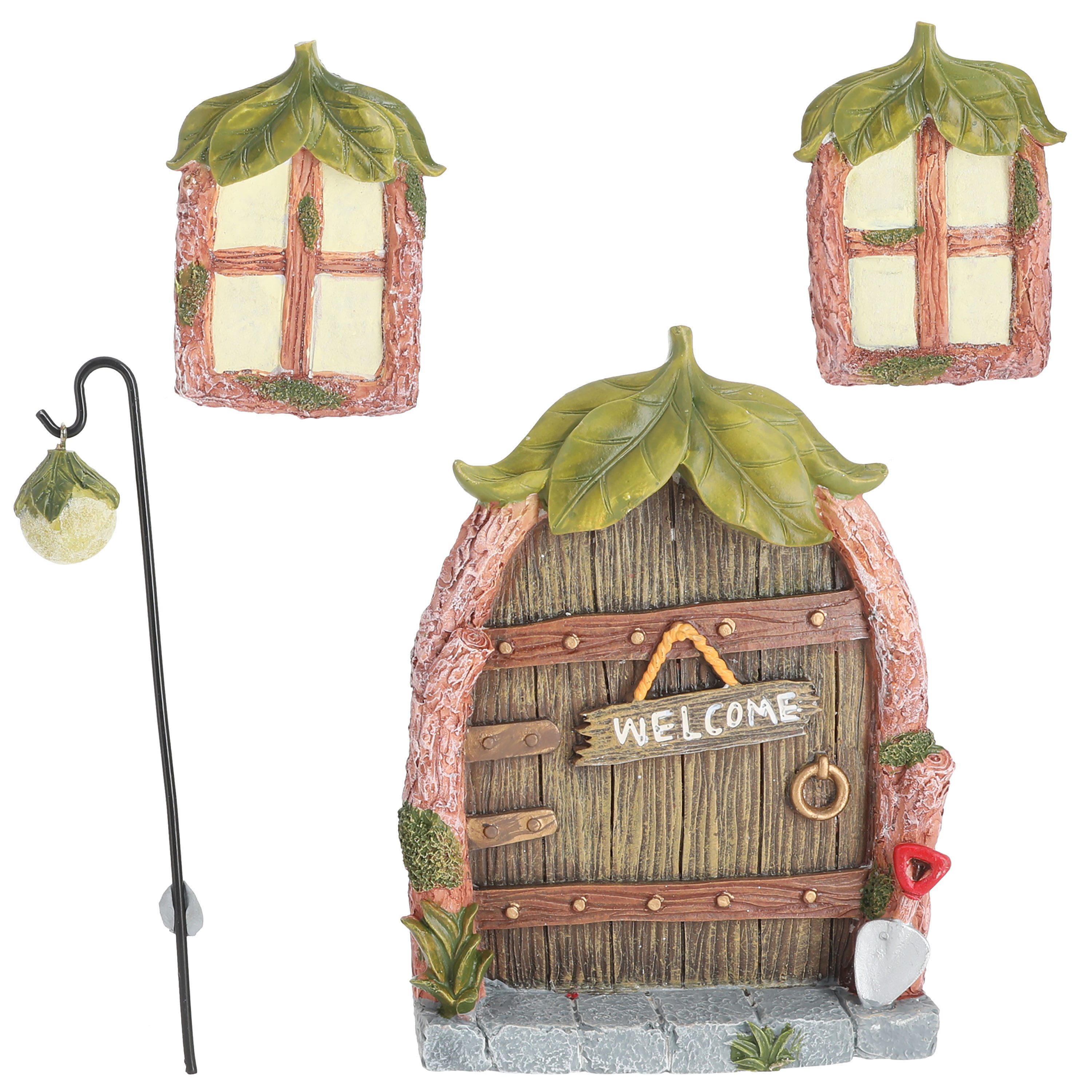 CEPEWA Gartenfigur Feentür 'Welcome' 4teilig Polyresin bunt Türe 2 Fenster Laterne