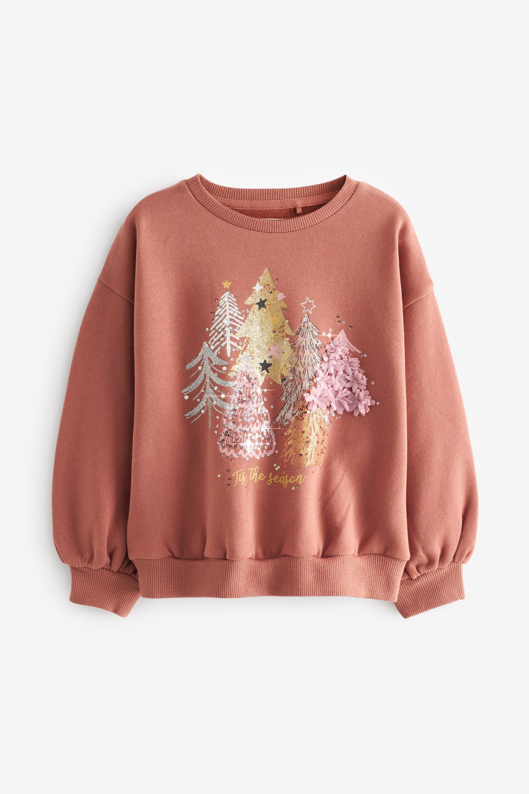 Next Sweatshirt Sweatshirt mit weihnachtlichem Motiv (1-tlg) Rust Brown Sequin