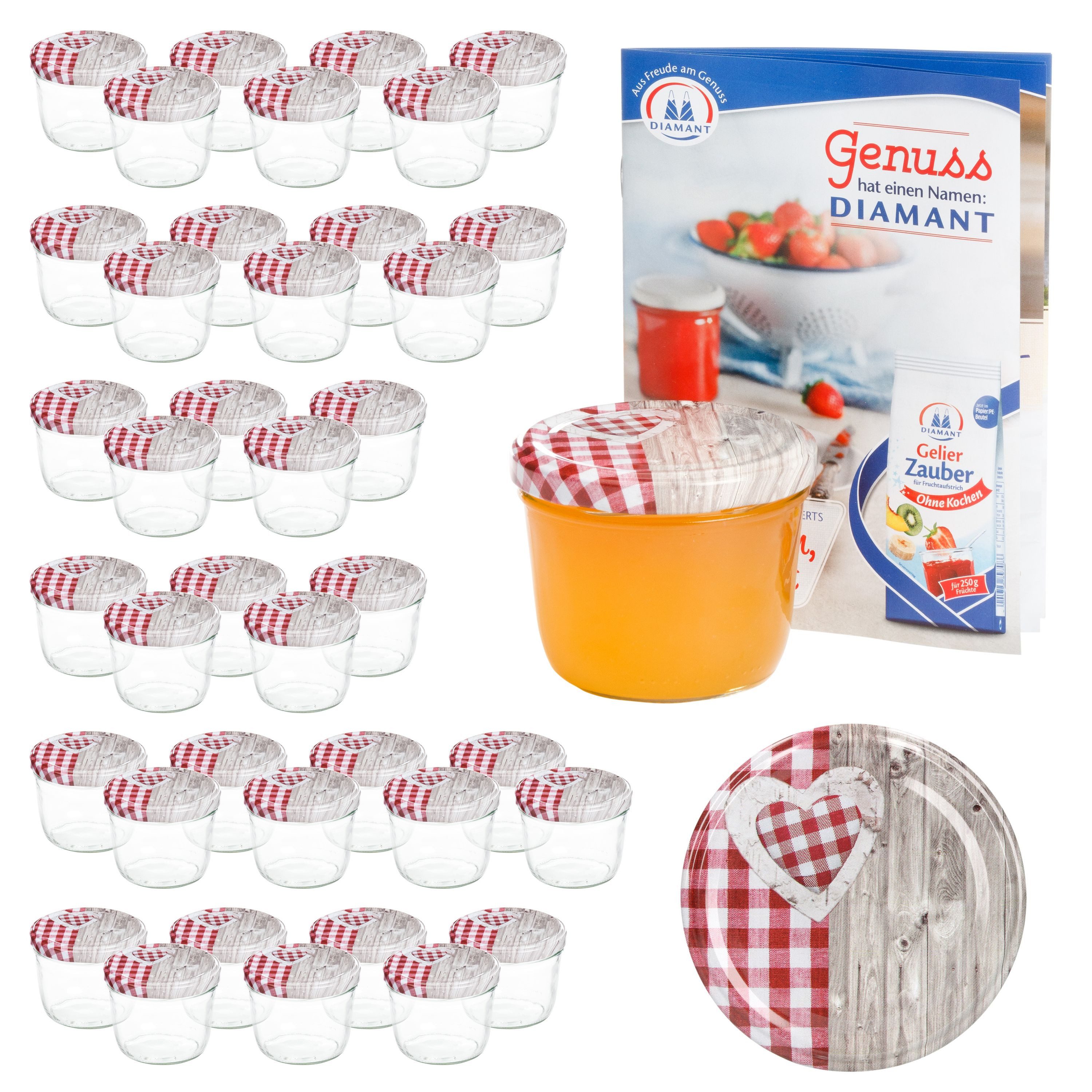 MamboCat Einmachglas 40er Set Sturzglas 230 ml To 82 Holz Herz rot Deckel incl. Rezeptheft, Glas