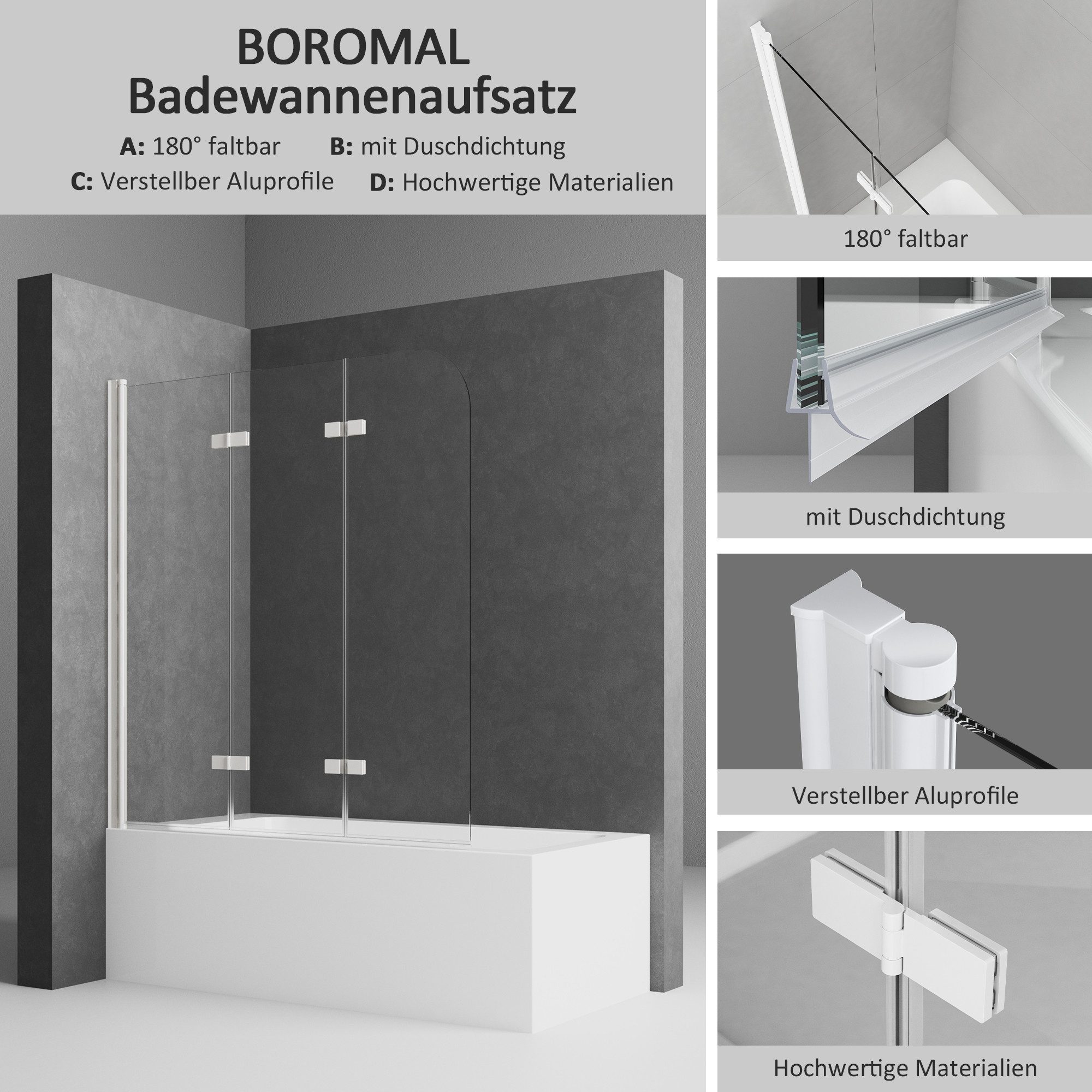 Boromal Badewannenaufsatz 3 teilig faltbar Faltwand Duschtrennwand Duschwand für Badewanne Nano, Alu-Wandprofil Schwarz Weiß Chrom, (Badewannenfaltwand, 140x140cm,130x140cm,120x140cm), Sicherheitsglas