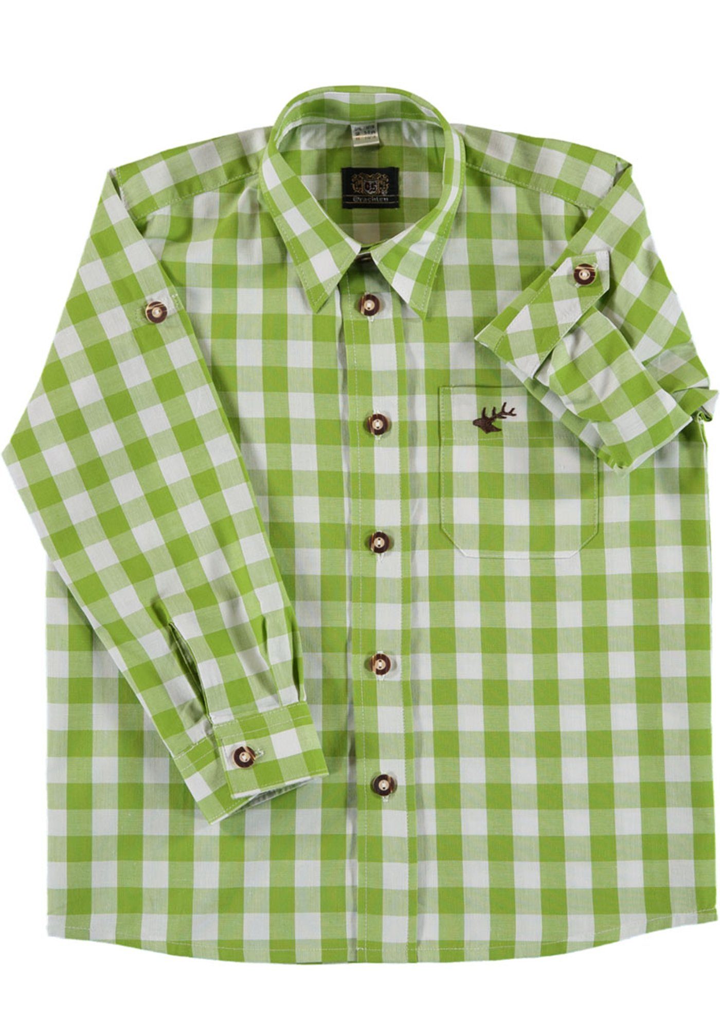 OS-Trachten Hirsch-Stickerei giftgrün auf Brumtu der Jungen Brusttasche Hemd Langarm Trachtenhemd mit