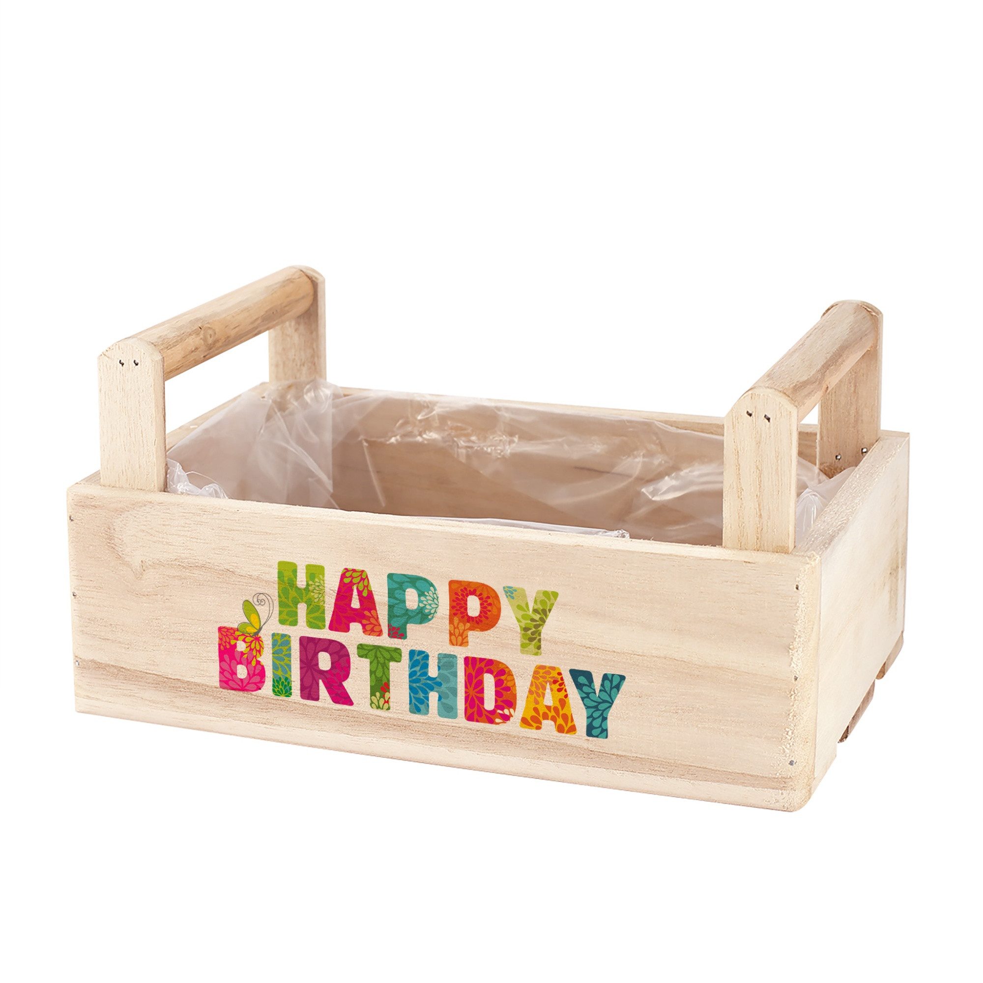 Geschenkbox aus Holz zum Befüllen mit buntem "Happy Birthday" Aufdruck