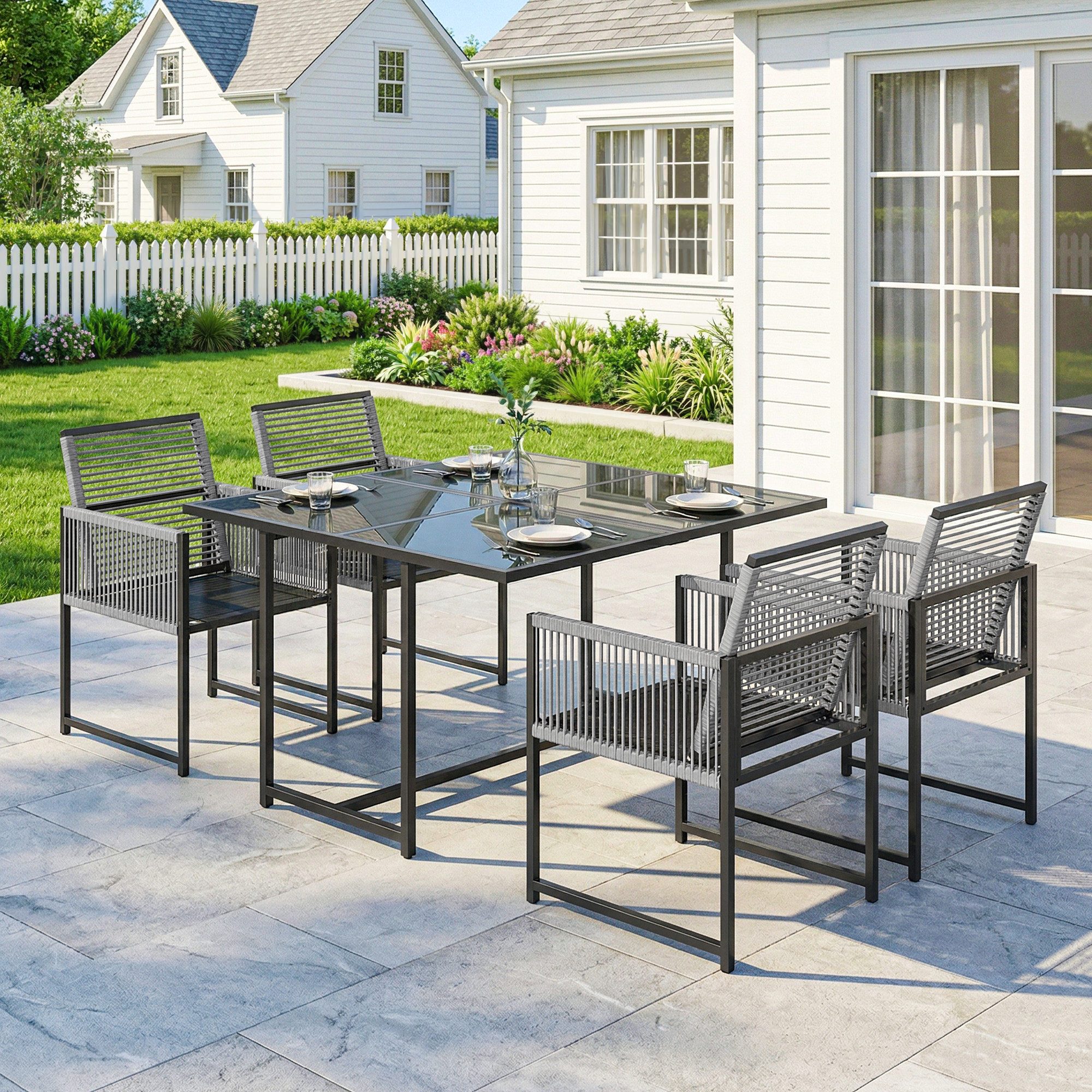 Outsunny Garten-Essgruppe mit 4 Atmungsaktiven Stühlen, klappbar Rückenlehne, Seilflecht, (Sitzgruppe, 5-tlg., Gartenmöbel Set), für Garten Balkon Terrasse Hellgrau