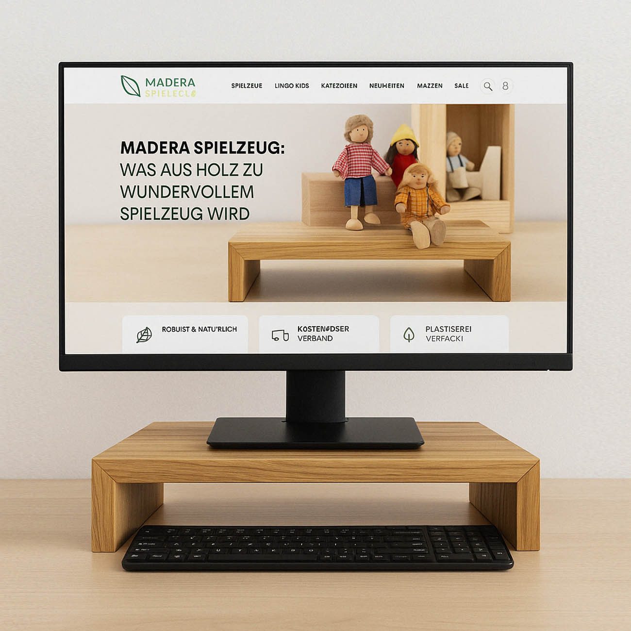 Madera Spielzeuge Monitorständer Massiver Holz Monitor Ständer Eiche/Esche Mix, (bis 65 Zoll, set Packung, 1-tlg., fertig Montiert, Schreibtisch Monitorerhöhung Bildschirm Tisch Aufsatz aus Massivholz)