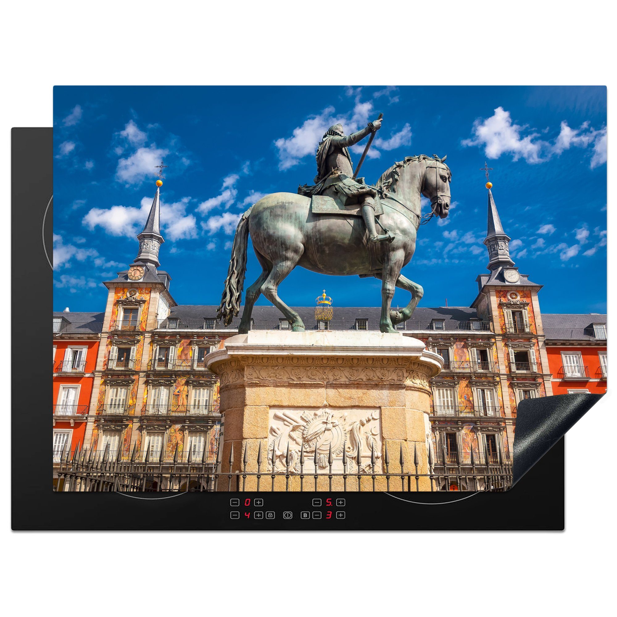 MuchoWow Herdblende-/Abdeckplatte Statue von Felipe dem Dritten vor der Plaza Mayor in Madrid, Vinyl, (1 tlg), 70x52 cm, Mobile Arbeitsfläche nutzbar, Ceranfeldabdeckung