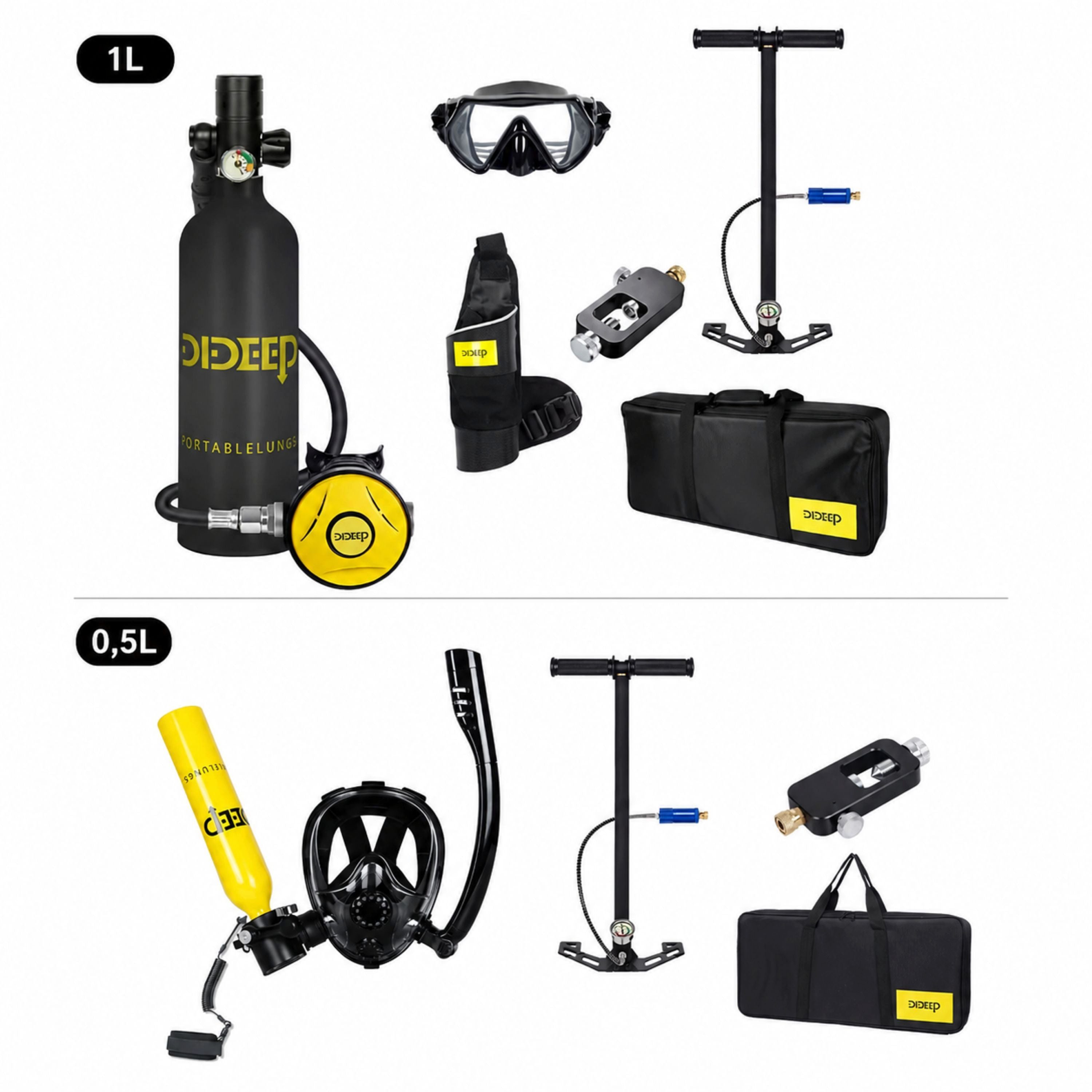 Sport-Knight® Tauchset Tauchgerät 0,5 oder 1L, komplett-Set Maske Tauchflasche Pumpe Adapter