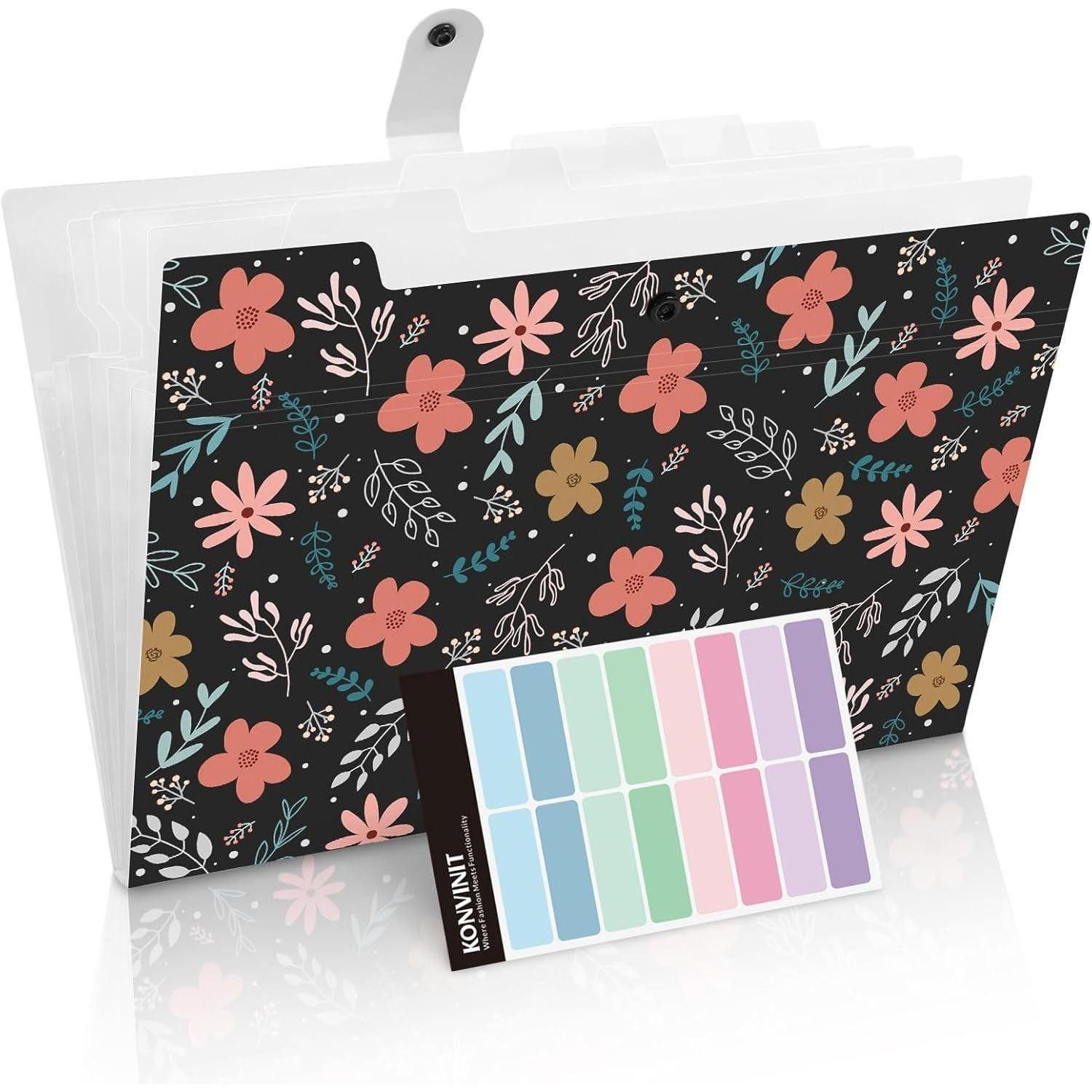 Fächermappe Dokumentenmappe Fächermappe Organizer Blumenmuster A4 6 Tasche Schwarz