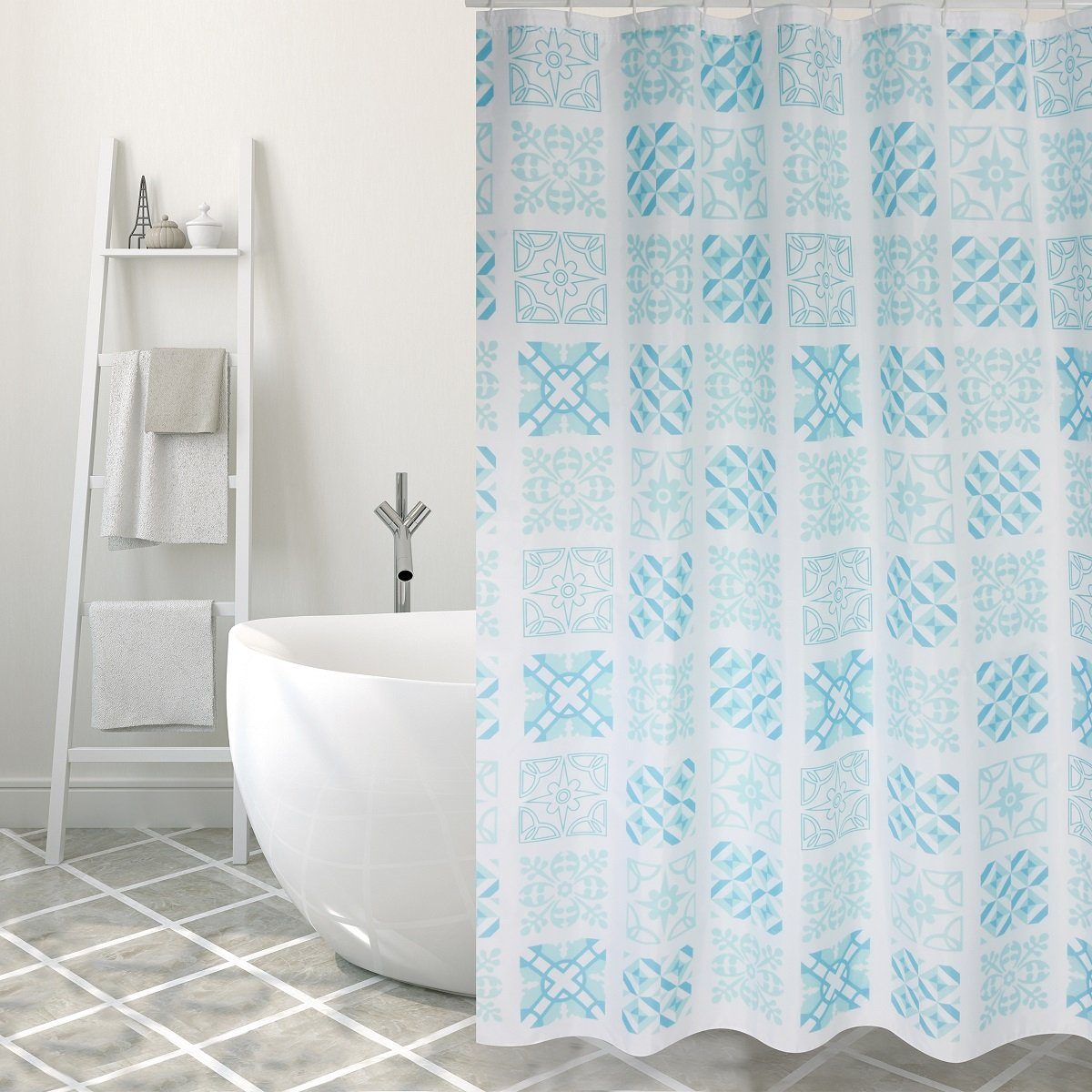 MSV Duschvorhang Cotexsa SINTRA Breite 180 cm, Textil-Duschvorhang, Made in Spain, 100% Polyester, wasserundurchlässig, Anti-Schimmel-Effekt, Anti-Bakteriell beschichtet, waschbar 30°, 180 x 200 cm, geometrisches Mantra Muster, Farbe türkis grün