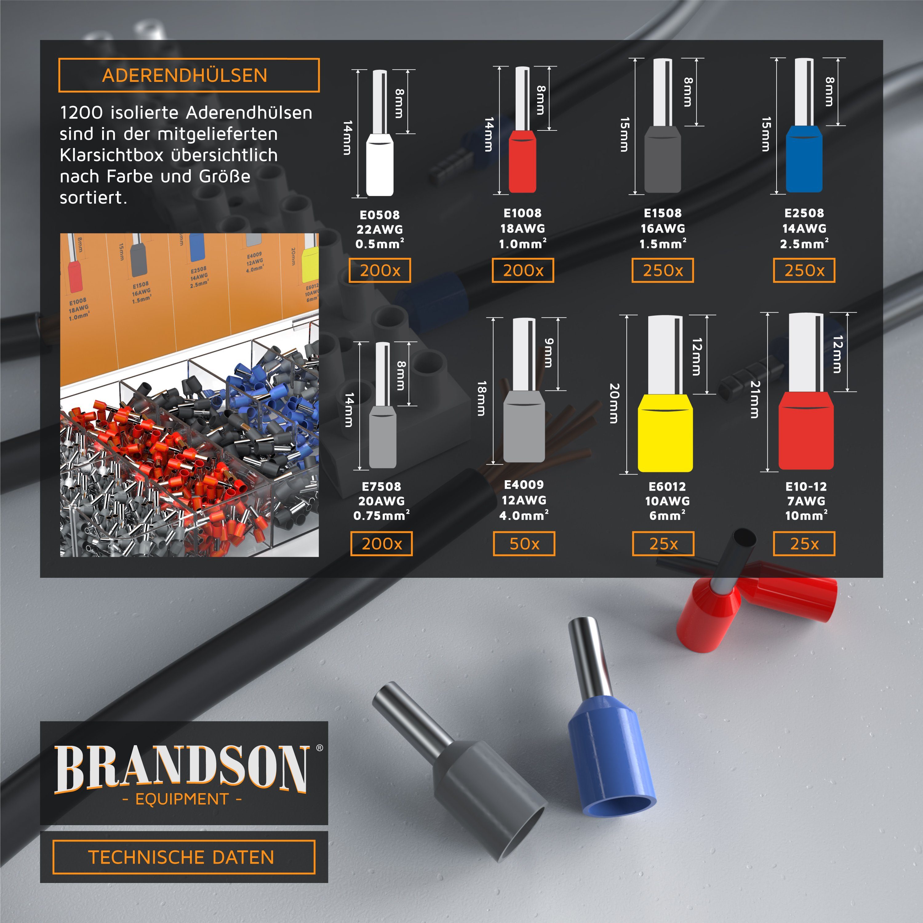 Brandson Abisolierzange Crimpzange Set mit 1200 Aderendhülsen, 1-tlg., Crimpzange mit 1200 Aderendhülsen, Aderendhülsenzange 0,25mm² – 10mm² – Bild 5 von 5