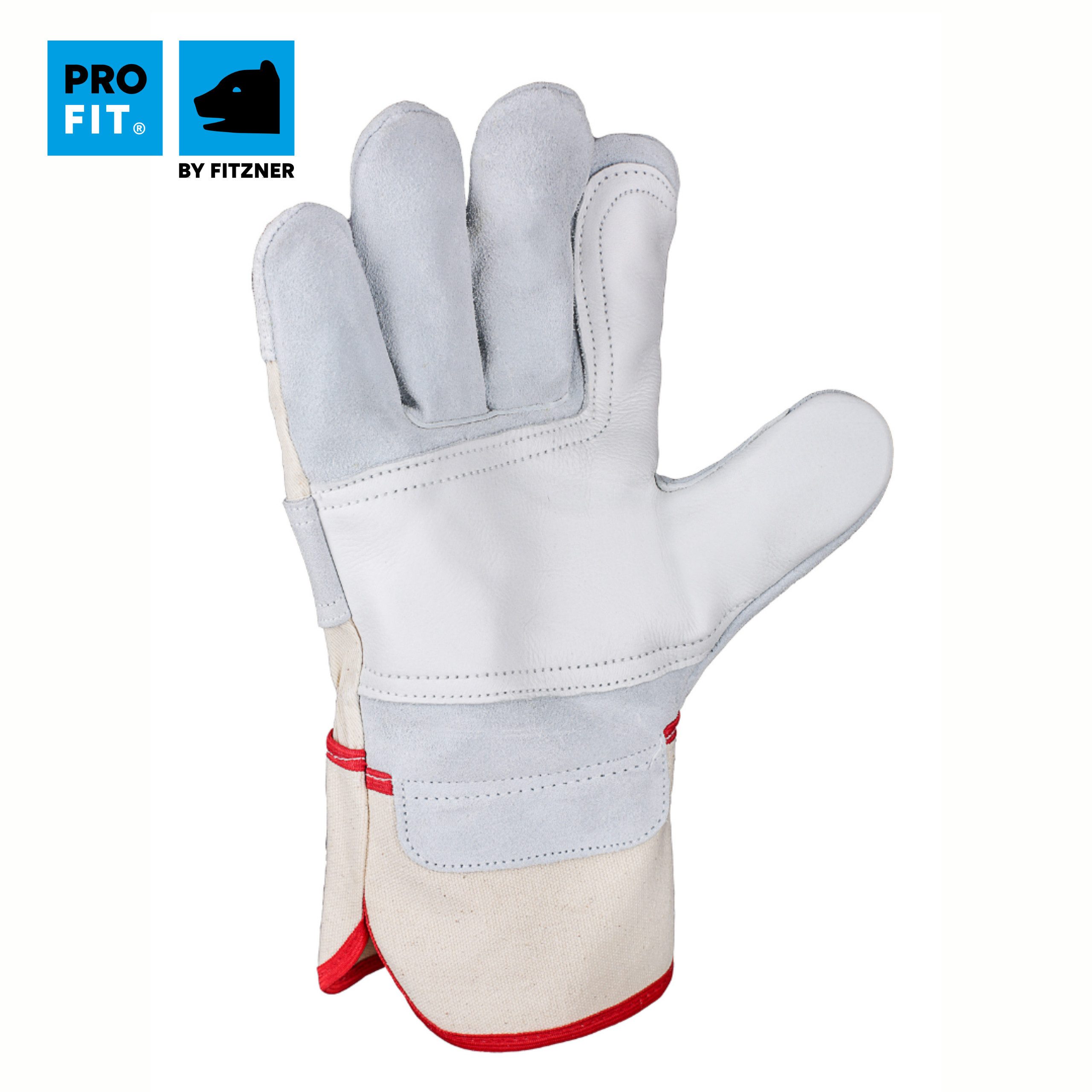 PRO FIT Leder-Arbeitshandschuhe Ebbe, Arbeitshandschuhe aus Leder, Sicherheitshandschuhe (12, Paar) mit Canvas Stulpe, Rindspaltleder, EN 388