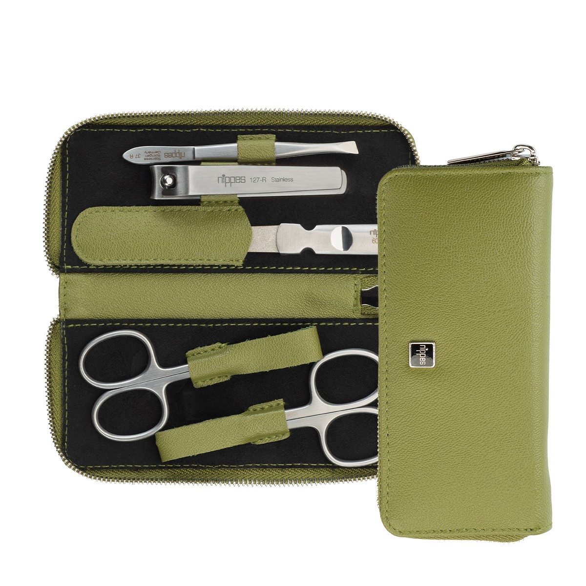 nippes Solingen Maniküre-Etui Maniküre Set "Verde" mit Etui aus veganer Lederalternative, 5-teilig, 5 tlg., Instrumente aus rostfreiem Edelstahl, Eukalyptus Leder