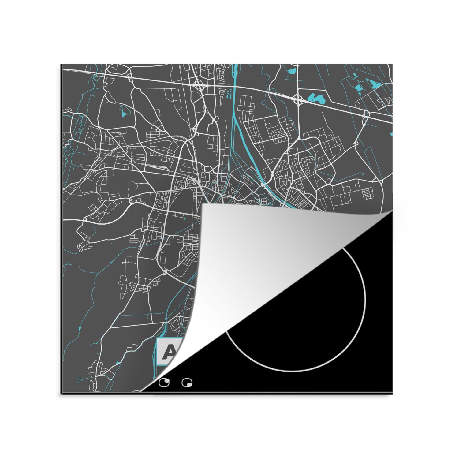 MuchoWow Herdblende-/Abdeckplatte Stadtplan - Deutschland - Blau - Augsburg - Karte, Vinyl, (1 tlg), 78x78 cm, Ceranfeldabdeckung, Arbeitsplatte für küche