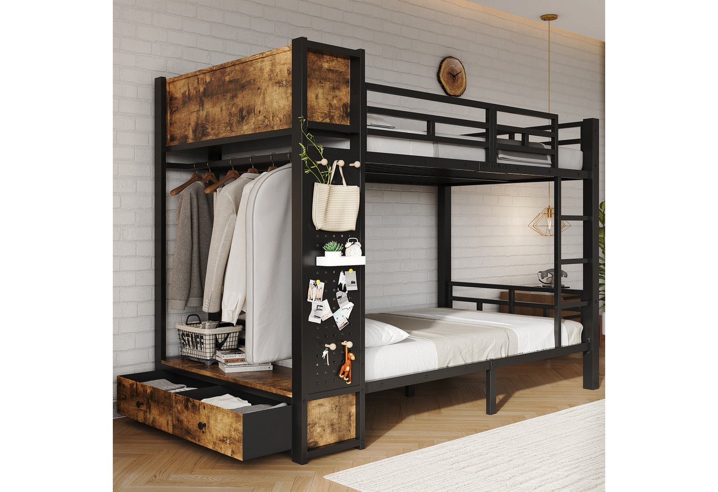 i@home Etagenbett Metall-Etagenbett 120x200 cm mit Stauraum,Hochbett,Jugendbett,Schwarz, mit Treppe und Rausfallschutz Bunk Bed mit Garderobenständer,Stockbett