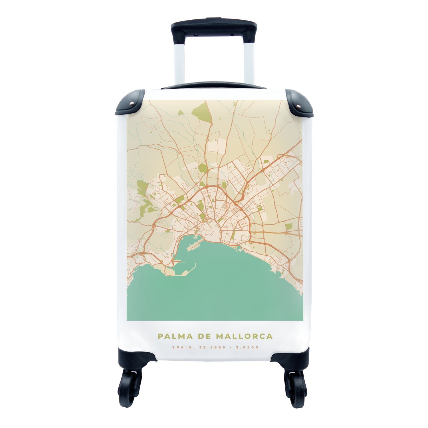 MuchoWow Handgepäckkoffer Karte Handgepäck Mallorca Stadtplan Rollen, 4 mit für Trolley, Reisetasche - - - Ferien, Vintage, Reisekoffer rollen